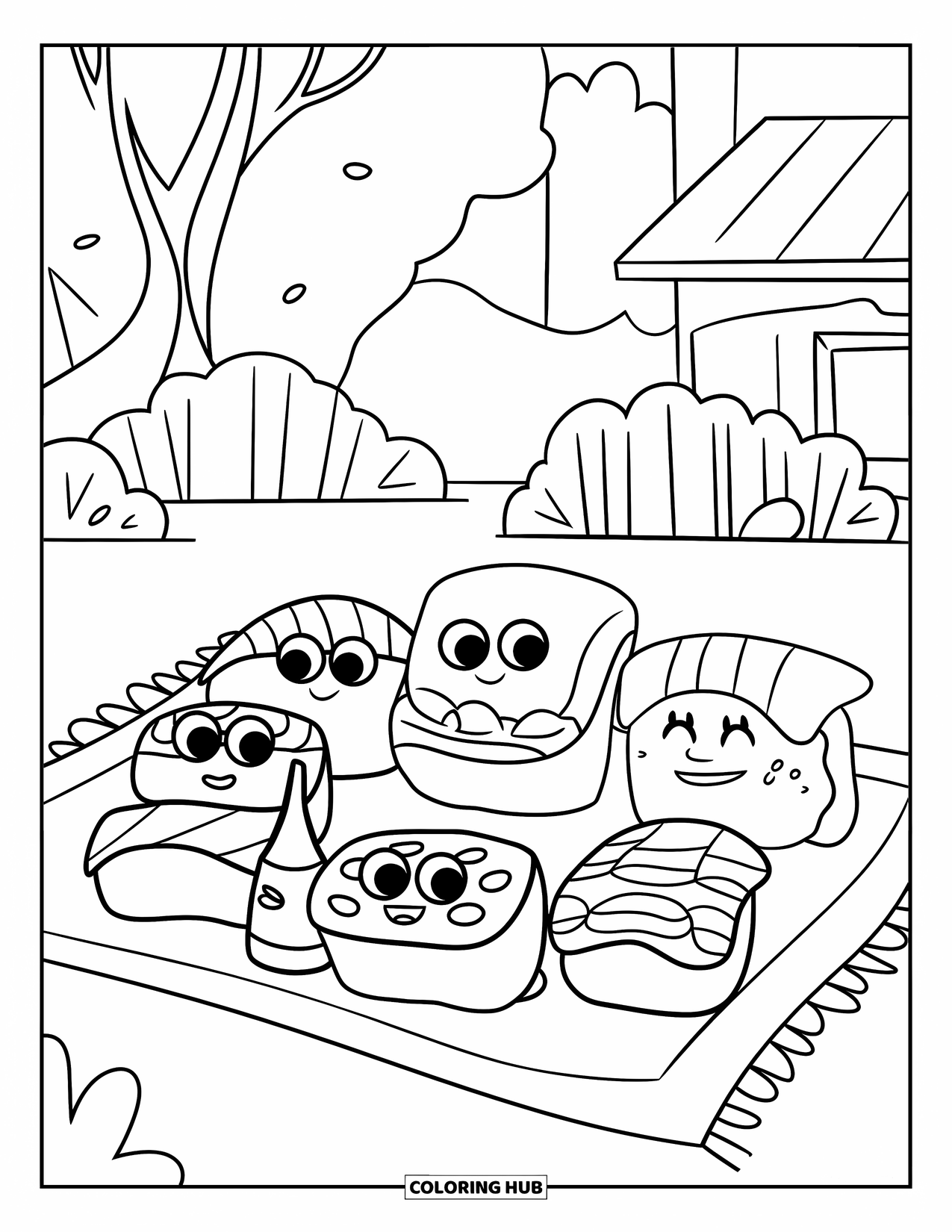 Sushi Kleurplaat voor Kinderen: Een leuke sushi-picknickscène met vrolijke sushistukjes en een eenvoudige achtergrond voor eenvoudig kleuren