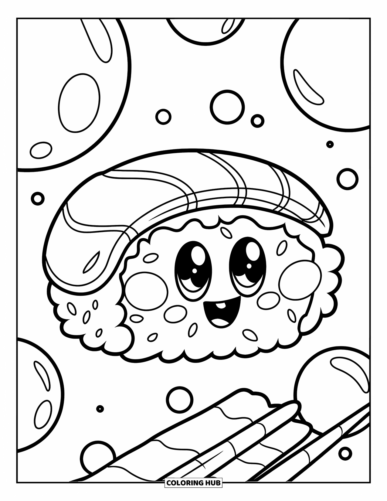 Sushi Kleurplaat voor Kinderen: Een vrolijke sushirol met een zeewierstrip, omringd door grote bellen