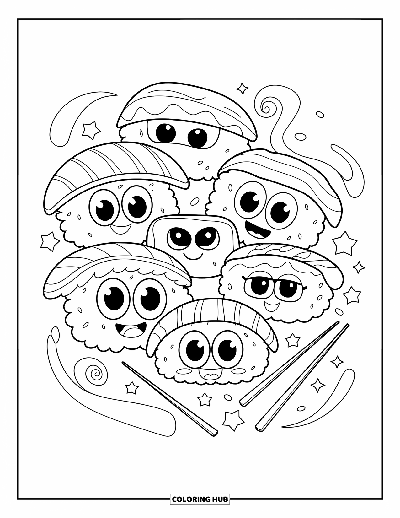 Sushi Kleurplaat voor Kinderen: Een vrolijke sushi-arrangement met vrolijke sushistukjes en decoratieve elementen zoals wervelingen en sterren