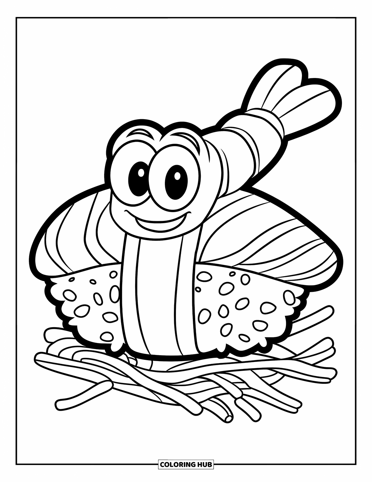 Sushi Kleurplaat voor Kinderen: Een kawaii nigiri sushi met een grote, vrolijke garnaal en een schone, eenvoudige achtergrond