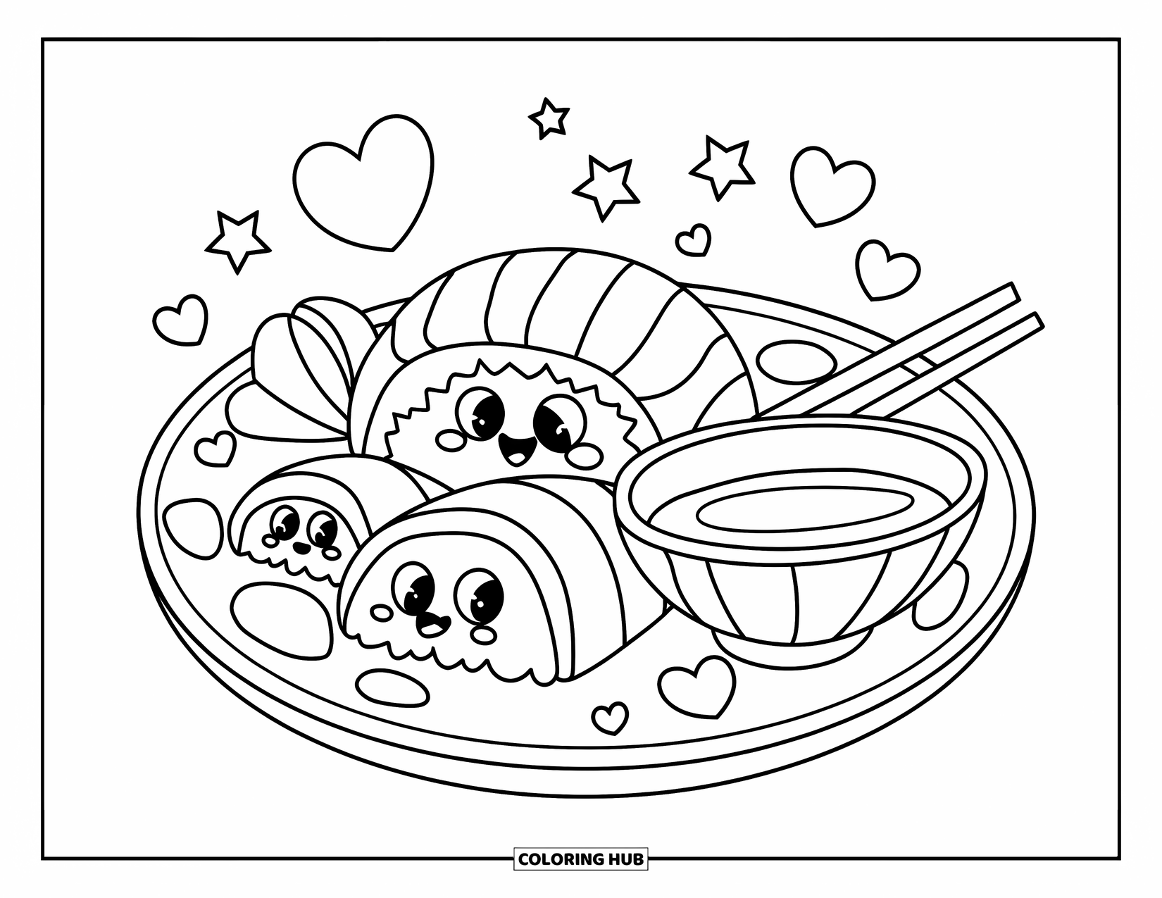 Sushi Kleurplaat voor Kinderen: Een sushi-bord in kawaii-stijl met lachende sushi, hartjes en sterren in een schoon, gedurfd ontwerp