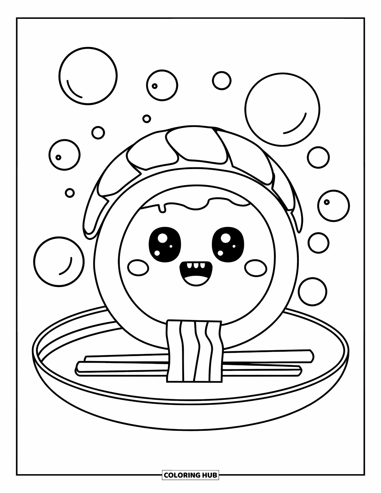 Sushi Kleurplaat voor Kinderen: Een sushirol in kawaii-stijl met een grote glimlach, zwevend met bellen en zeewier