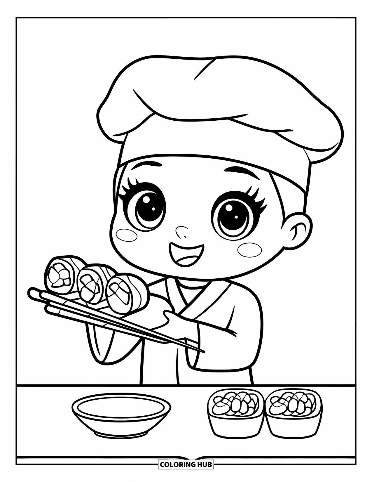 Sushi Kleurplaat voor Kinderen: Een kawaii sushichef die een maki-rol vasthoudt, staand voor een kleine sushibalie