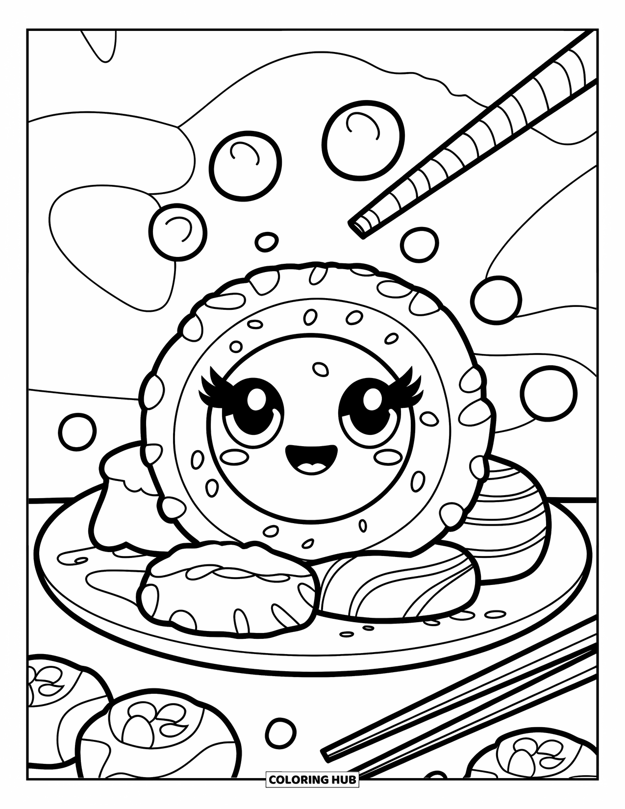 Sushi Kleurplaat voor Kinderen: Een kawaii sushirol met een vrolijk gezicht, omringd door bellen en zeewierstrips op een bord