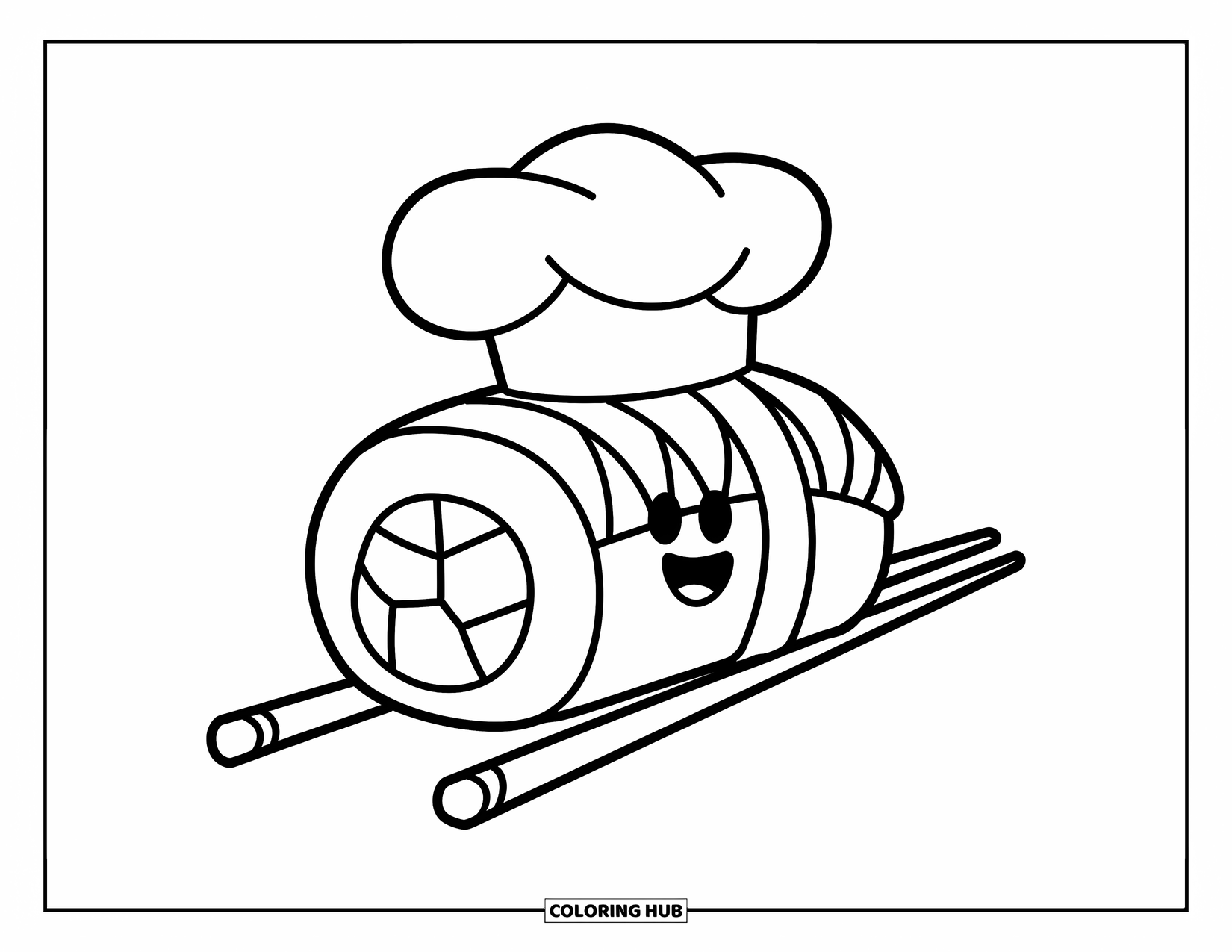 Sushi Kleurplaat voor Kinderen: Een lachende sushirol met een koksmuts, armen en benen, klaar om te koken in een leuk, eenvoudig ontwerp