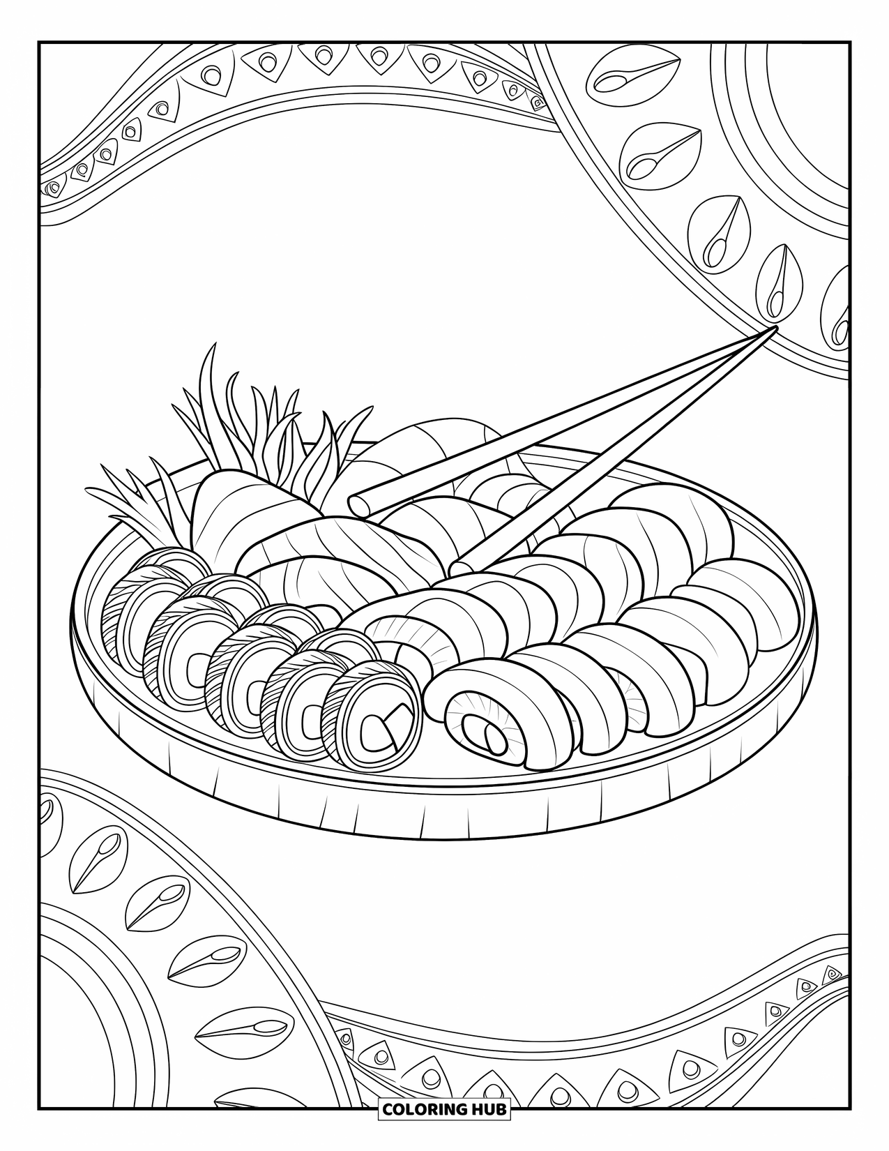 Sushi Kleurplaat voor Kinderen: Een stijlvolle sushischotel met een verscheidenheid aan rollen en sashimi, omringd door elegante patronen