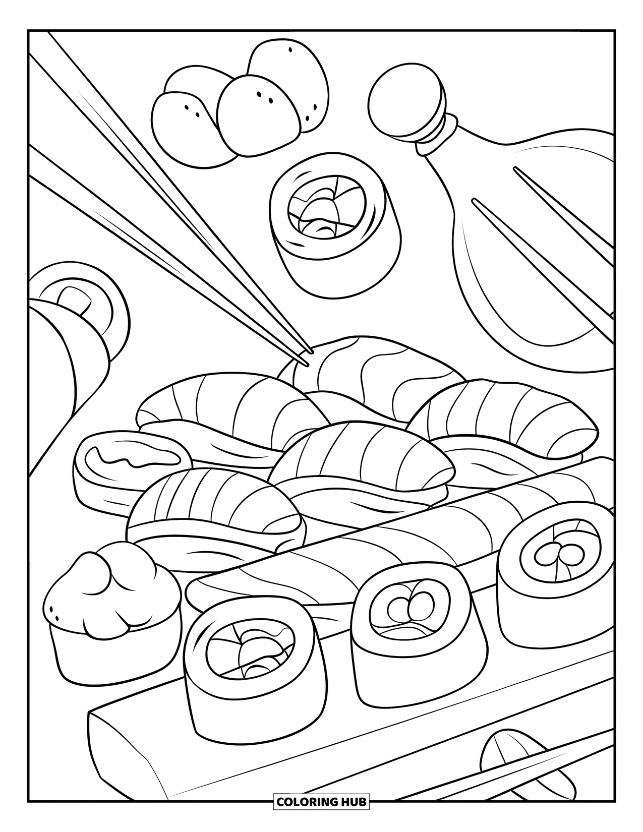Sushi Kleurplaat voor Kinderen: Een stijlvolle sushiscène met eetstokjes en sojasaus, ontworpen met schone, gedurfde contouren om in te kleuren