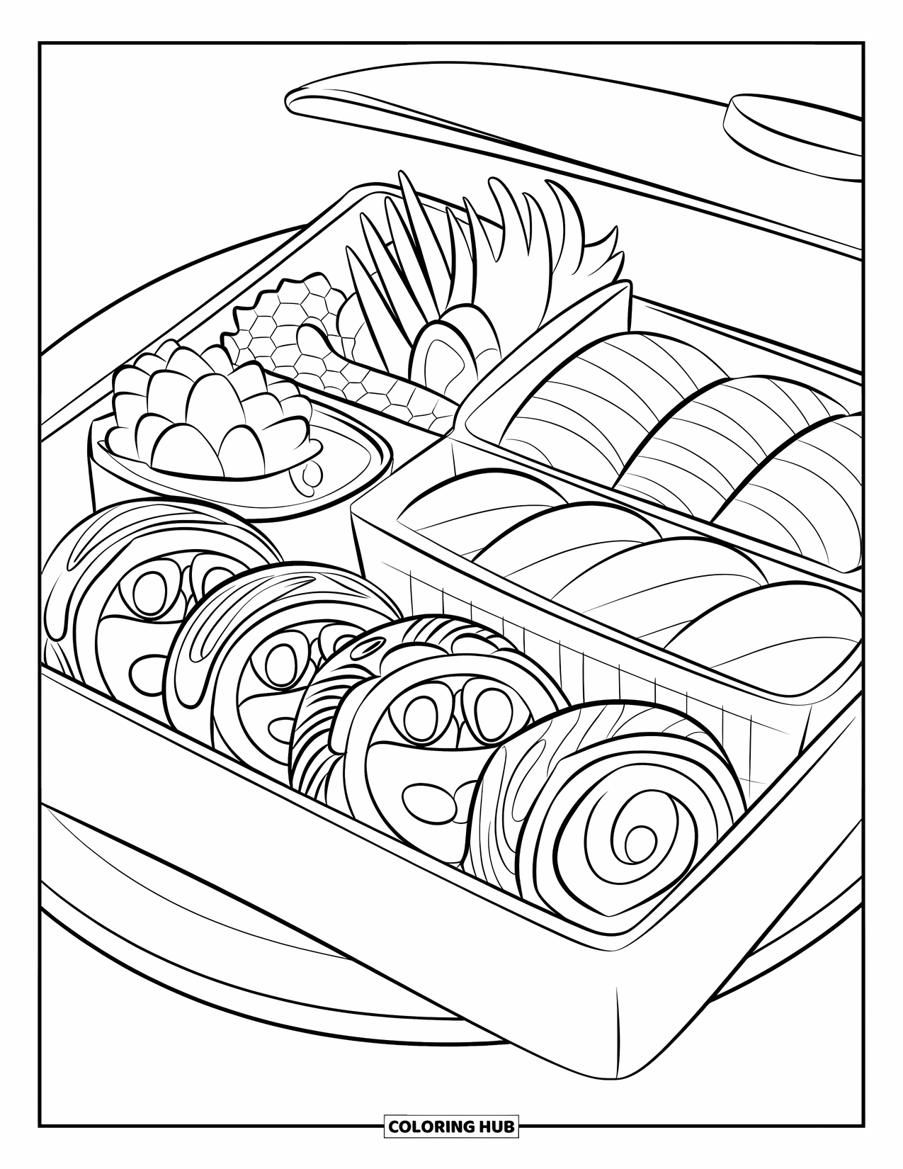 Sushi Kleurplaat voor Kinderen: Een sushi-bentobox gevuld met heerlijke sushirollen, netjes gerangschikt in een leuke, artistieke stijl om in te kleuren