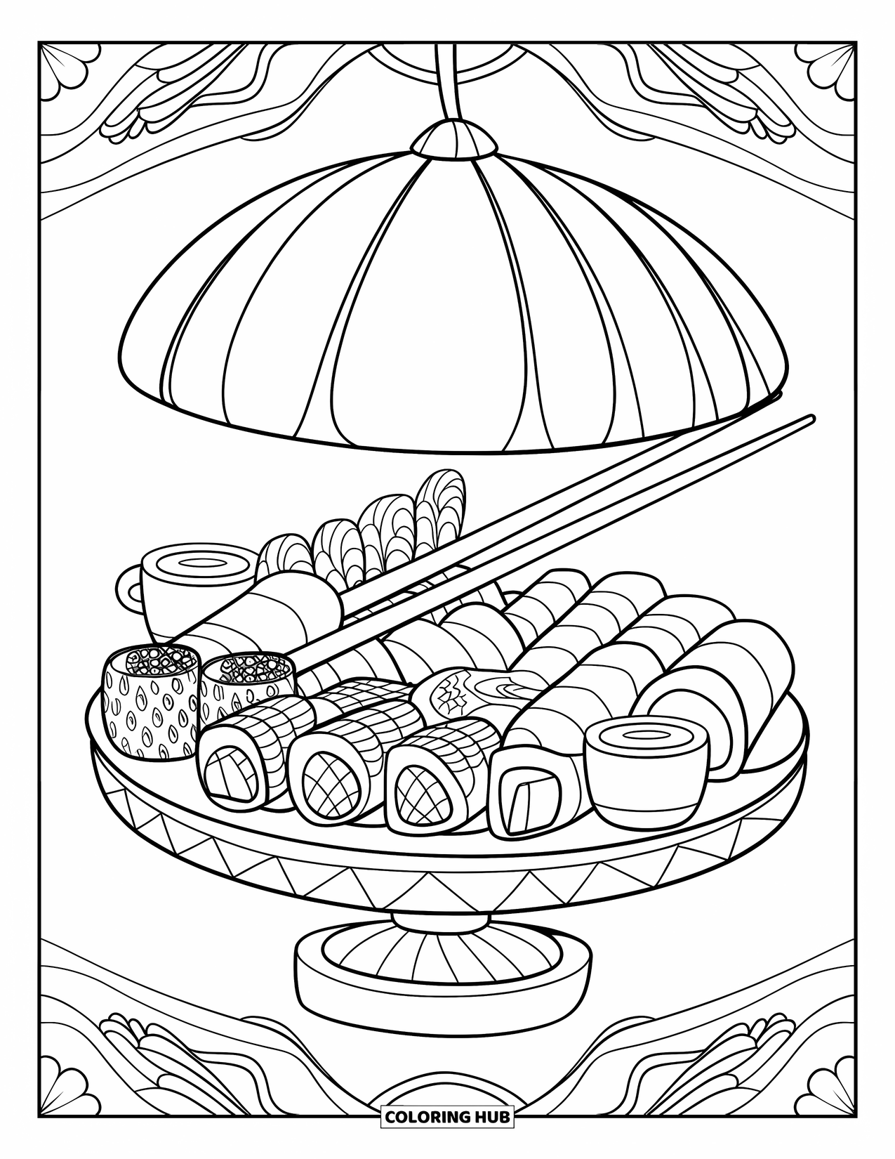 Sushi Kleurplaat voor Kinderen: Een sushischotel met dragon rolls, sashimi en elegante artistieke details, wat zorgt voor een ingewikkelde kleurplaat
