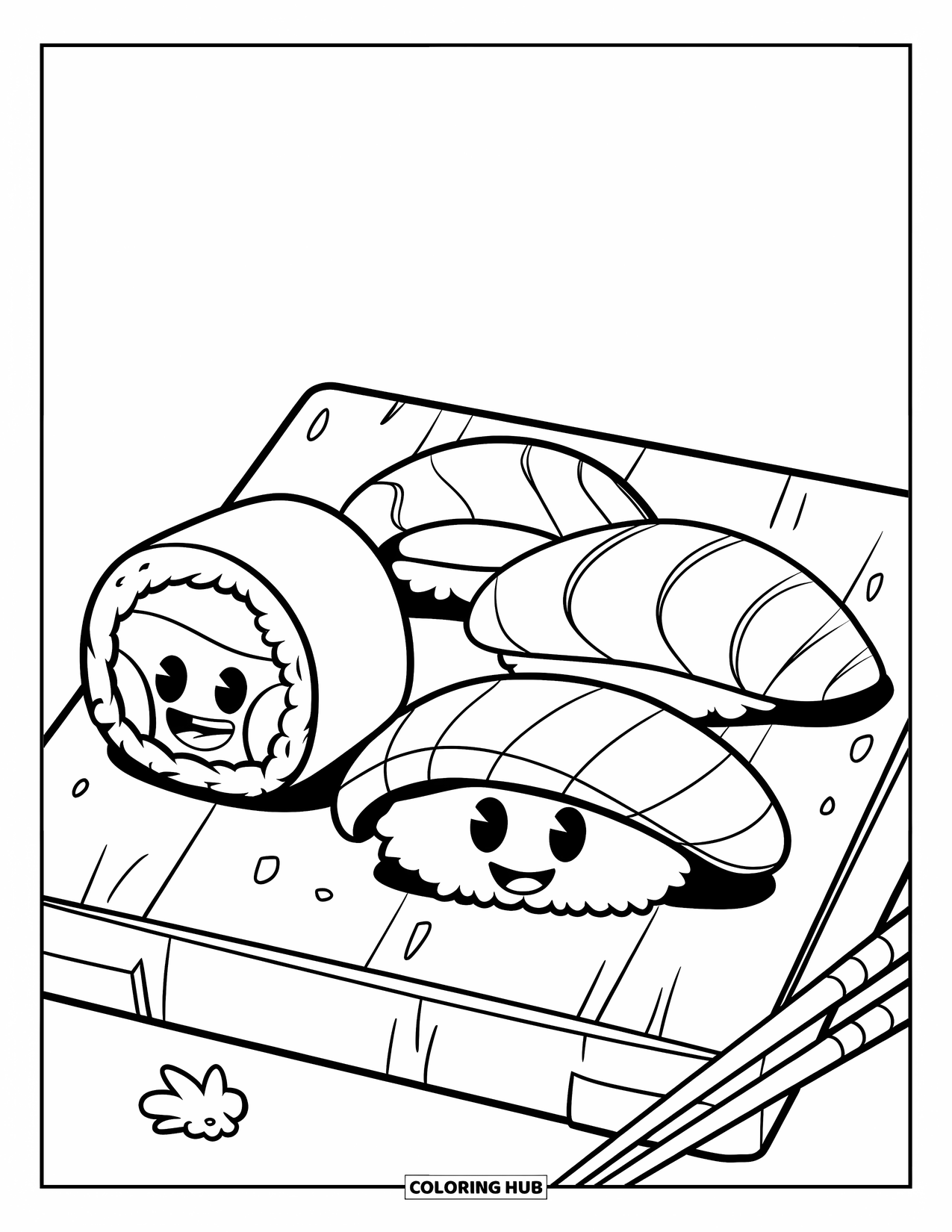 Sushi Kleurplaat voor Kinderen: Een sushischotel met een vrolijke maki-rol, nigiri en sashimi, allemaal met vrolijke gezichten