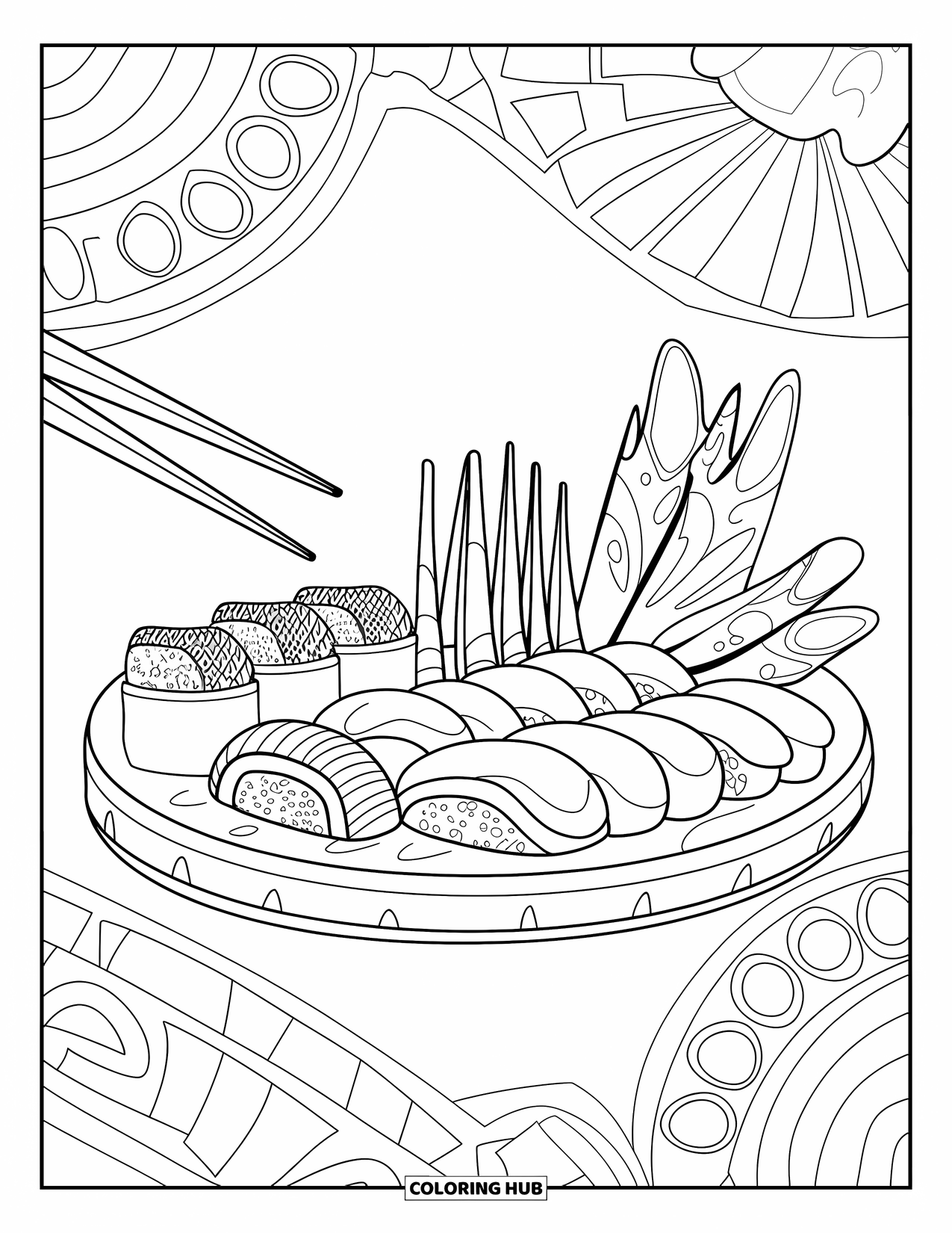 Sushi Kleurplaat voor Kinderen: Een sushischotel met diverse sushistijlen, gerangschikt op een visueel aantrekkelijke manier met decoratieve elementen