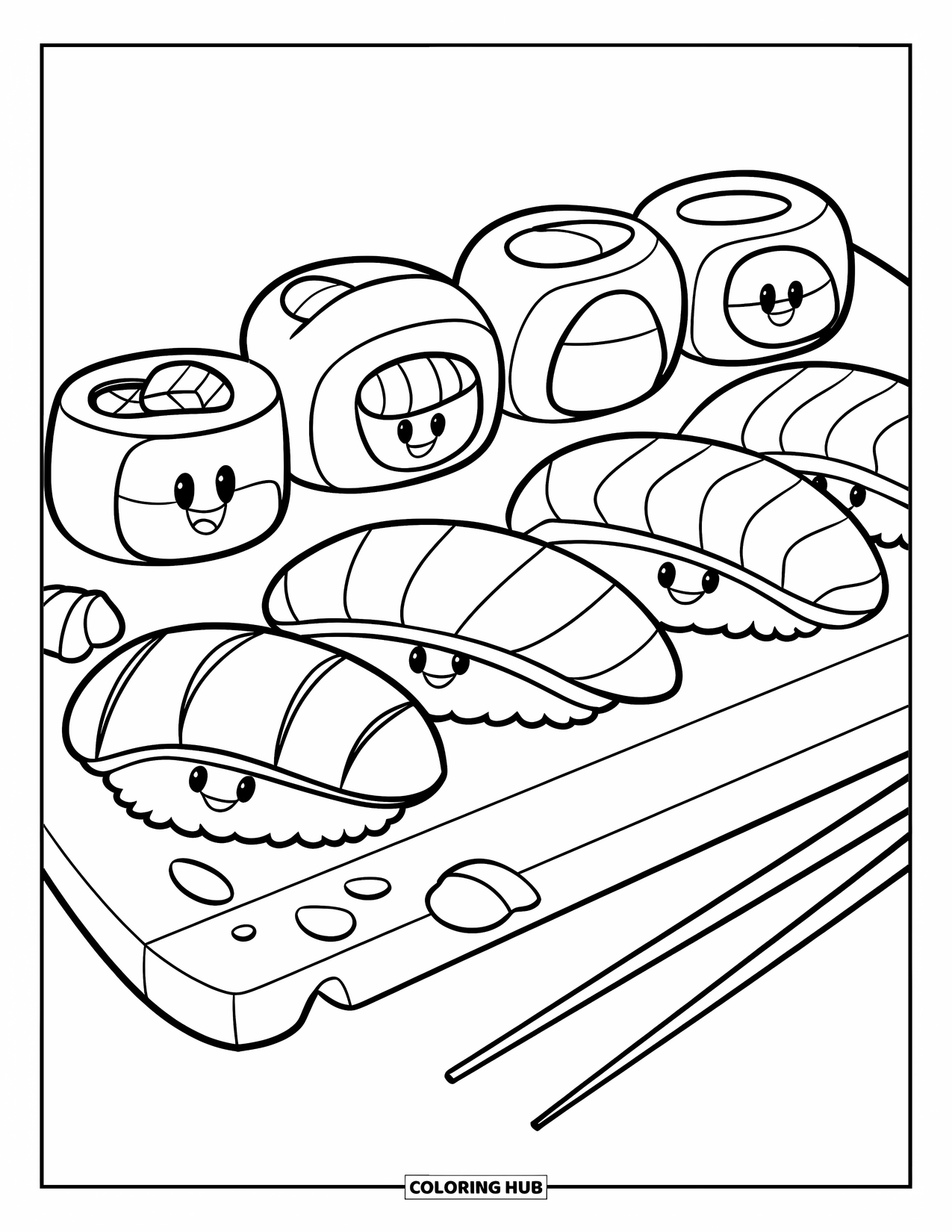 Sushi Kleurplaat voor Kinderen: Een sushischotel met vrolijke sushistukjes, schone gedurfde contouren en een witte achtergrond, perfect om in te kleuren