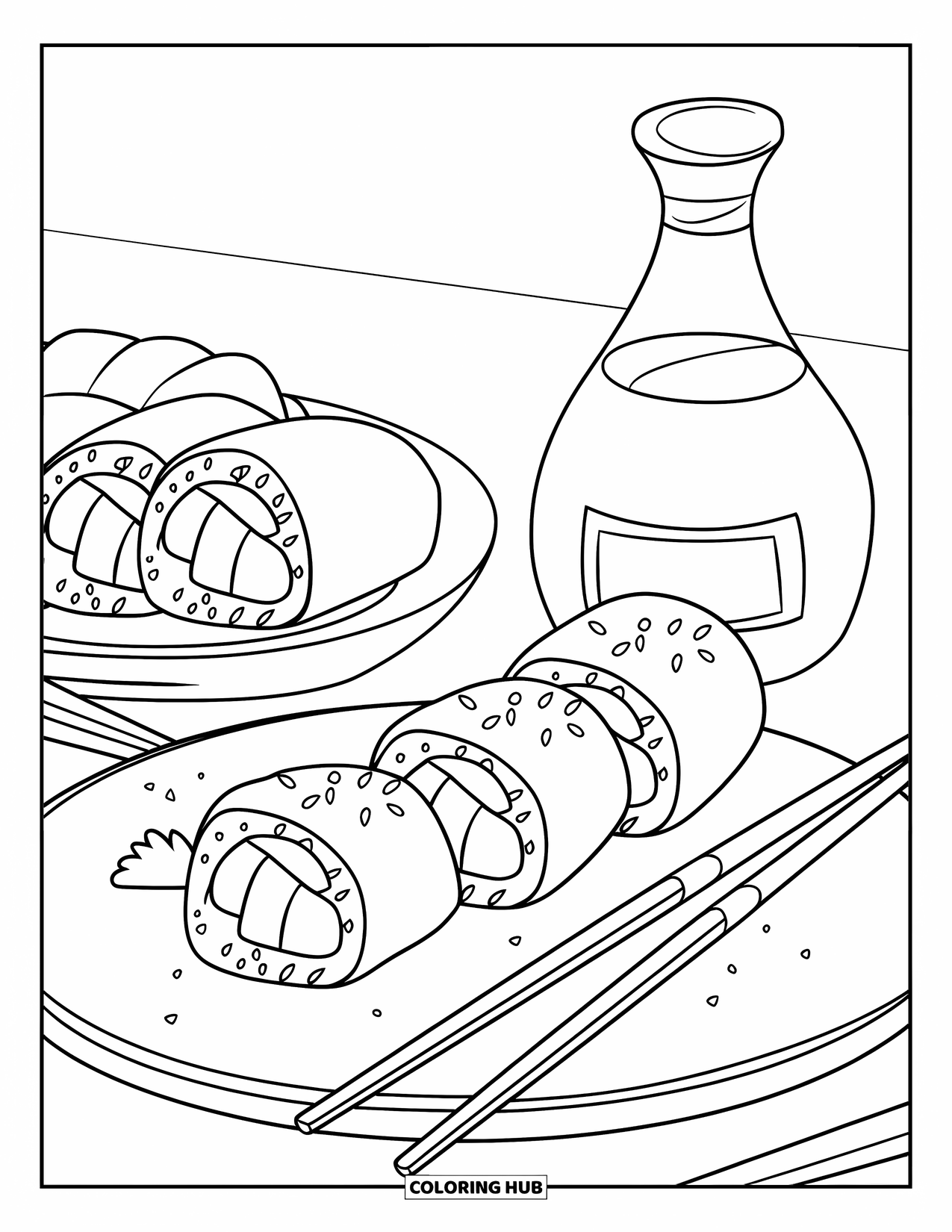 Sushi Kleurplaat voor Kinderen: Een illustratie met een sushi-thema met maki-rollen, een sojasausfles en eetstokjes op een schone, minimalistische achtergrond