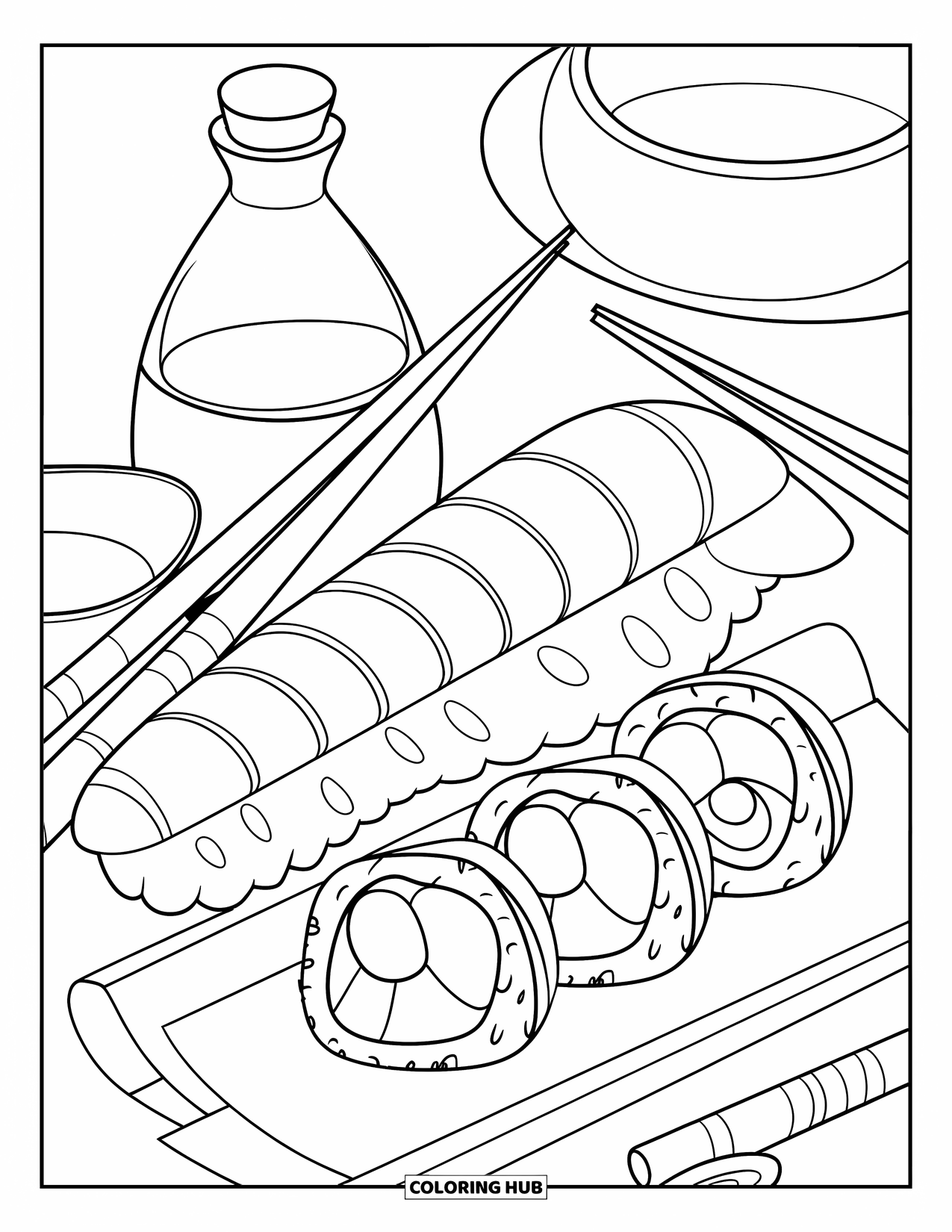 Sushi Kleurplaat voor Kinderen: Een scène met een sushi-thema met maki-rollen, eetstokjes en een sojasausfles in een dynamische opstelling