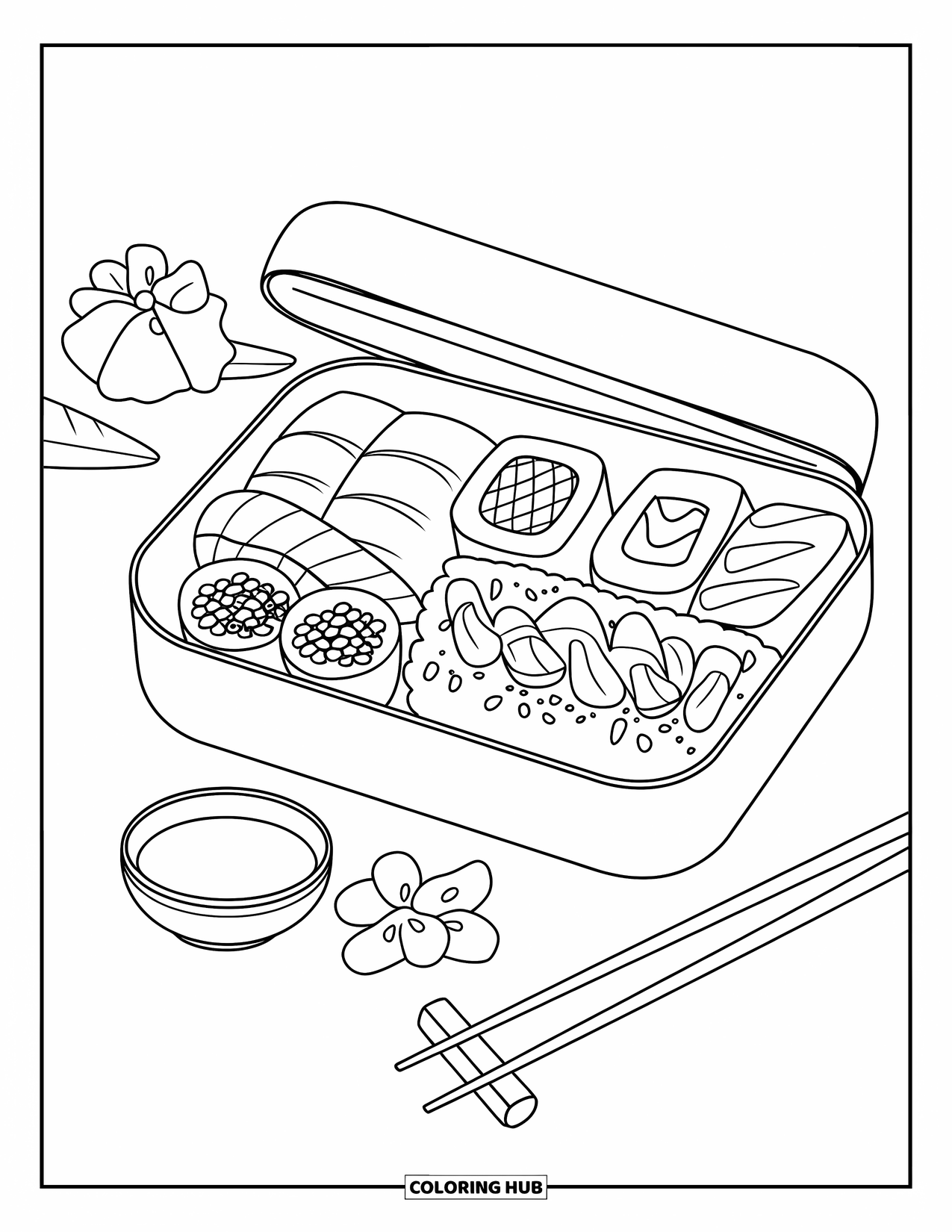 Sushi Kleurplaat voor Kinderen: Een trendy sushi-bentobox met sashimi, sushirollen, garneringen en een sojasauscontainer, getekend in gedurfde contouren