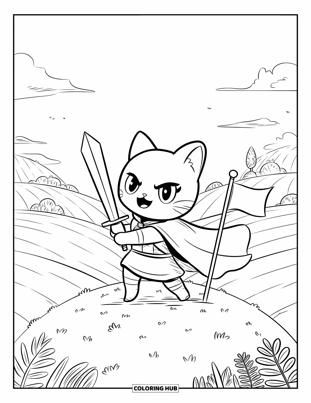 Disegno di spada da colorare per adulti: un coraggioso gatto guerriero chibi in piedi su una collina con una bandiera, circondato da alberi e dolci colline