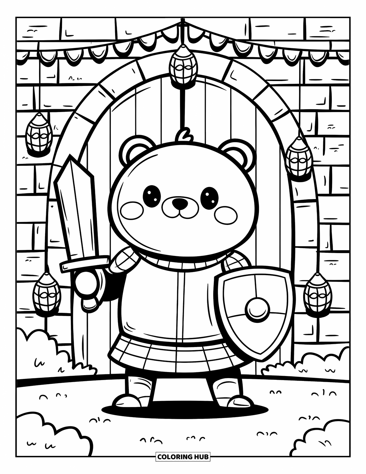 Disegno di spada da colorare per adulti: un cucciolo d'orso paffuto vestito da cavaliere, che tiene una spada e uno scudo di legno di fronte a un castello