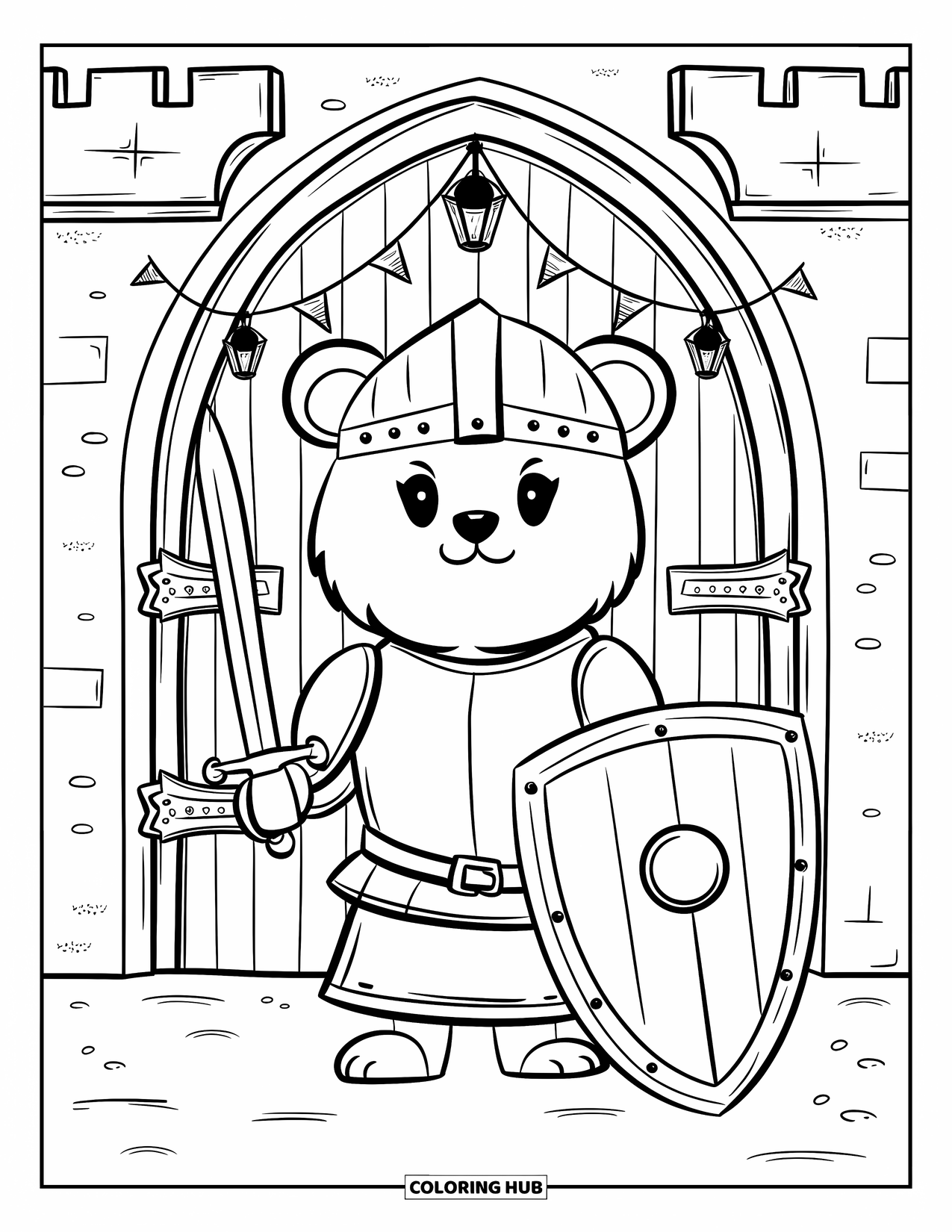 Disegno di spada da colorare per adulti: un cucciolo d'orso carino in armatura da cavaliere in piedi alla porta di un castello con stendardi e lanterne