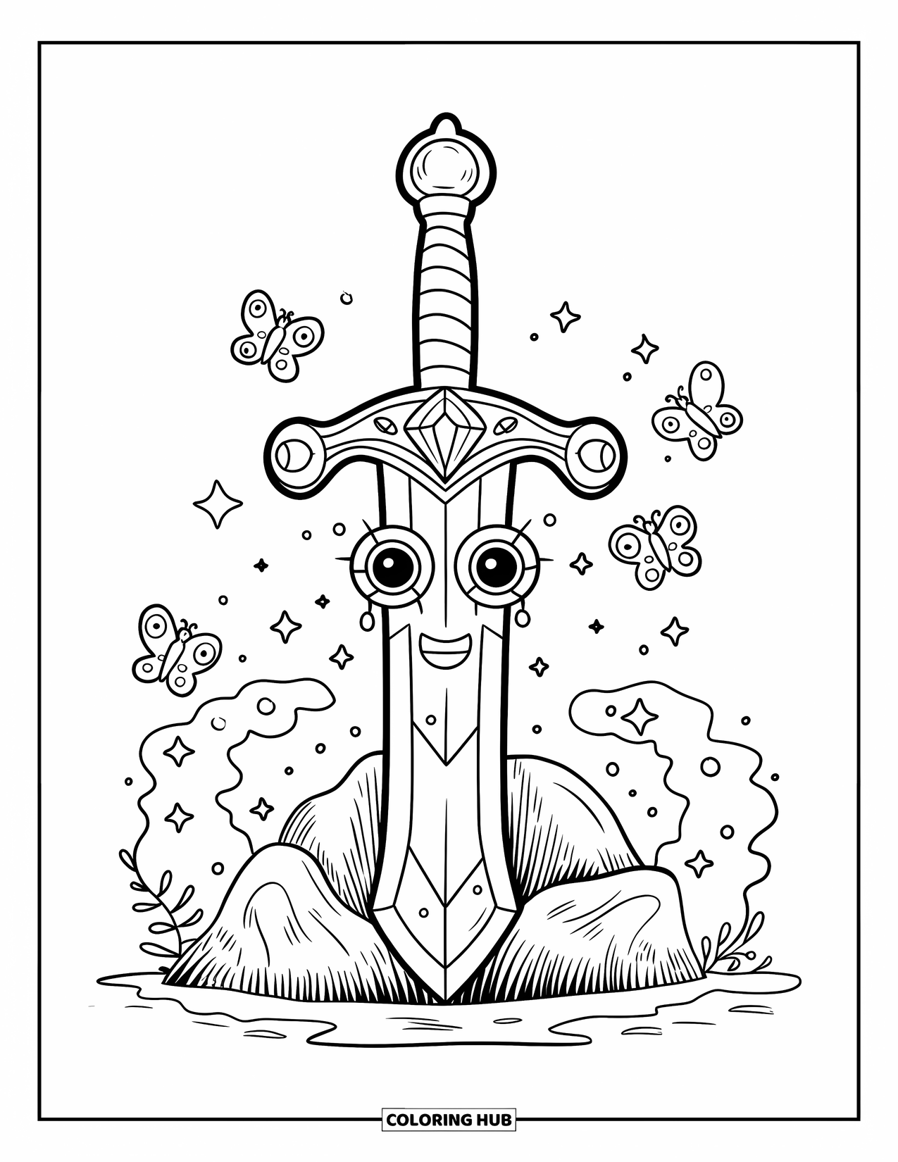 Disegno di spada da colorare per adulti: una spada incantata carina con occhi di pietra preziosa, seduta su una roccia con vortici di energia magica