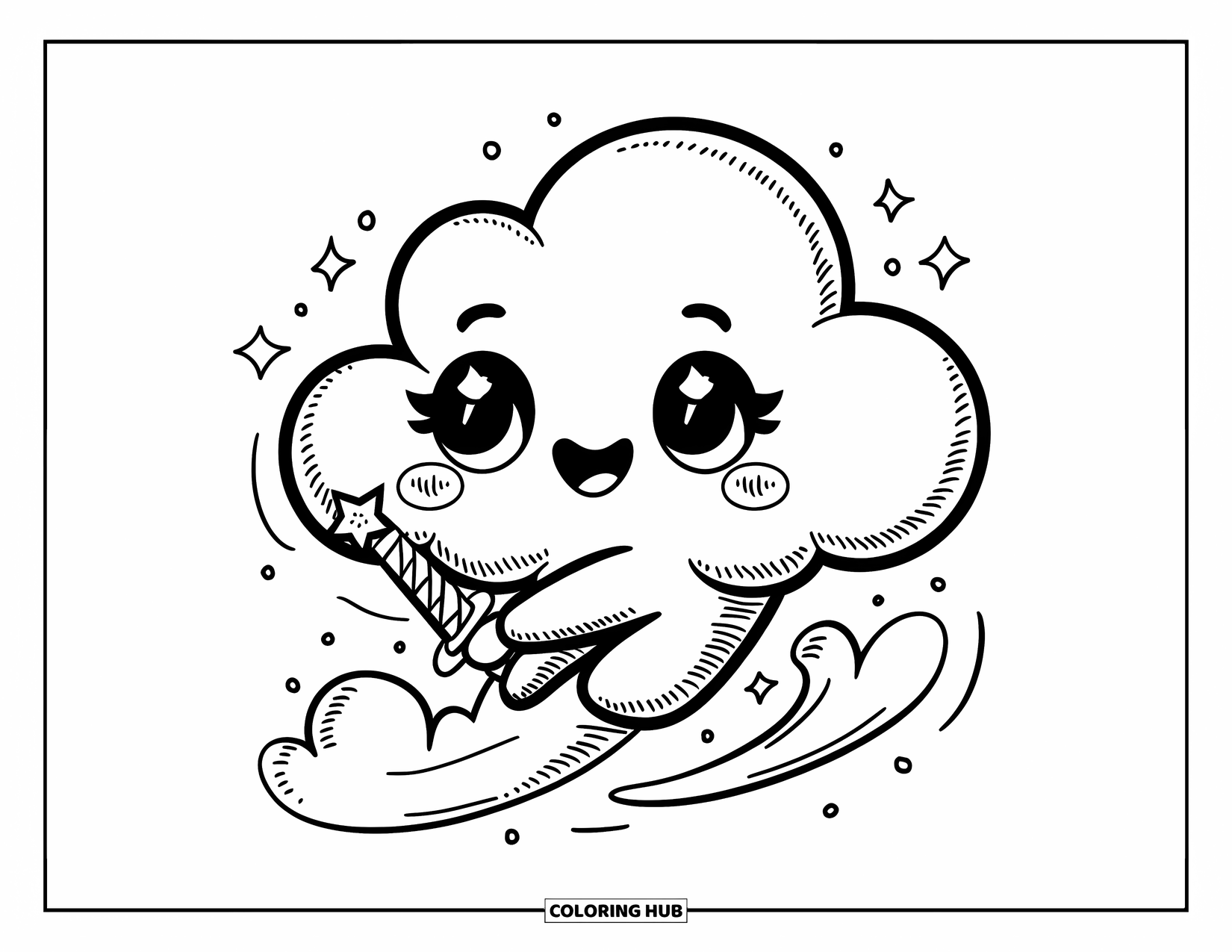 Disegno di spada da colorare per adulti: una nuvola carina fluttuante che tiene una piccola spada con punta a stella, circondata da scintille e brezze leggere