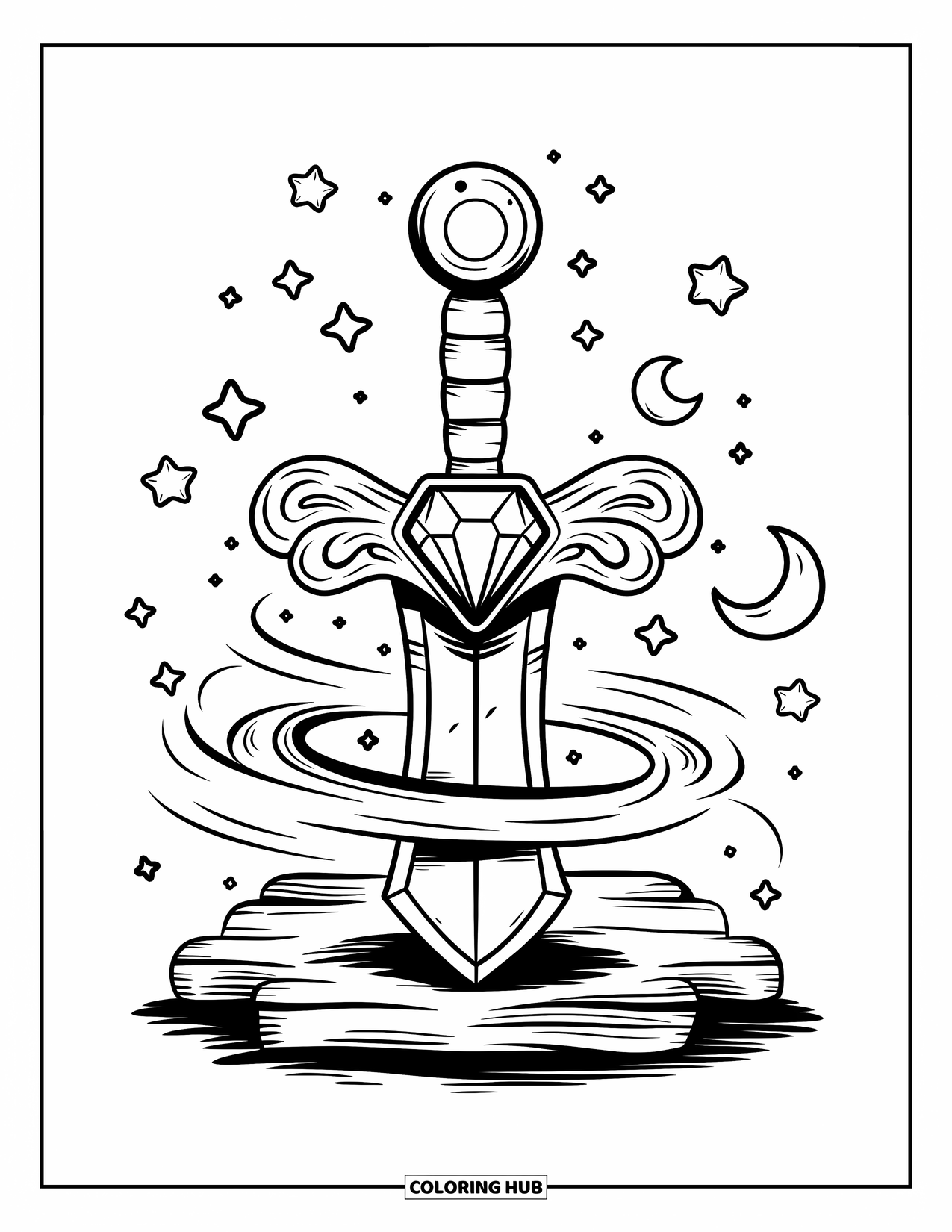Disegno di spada da colorare per adulti: una spada fantasy con una grande pietra preziosa nell'elsa, circondata da stelle, lune e vortici magici