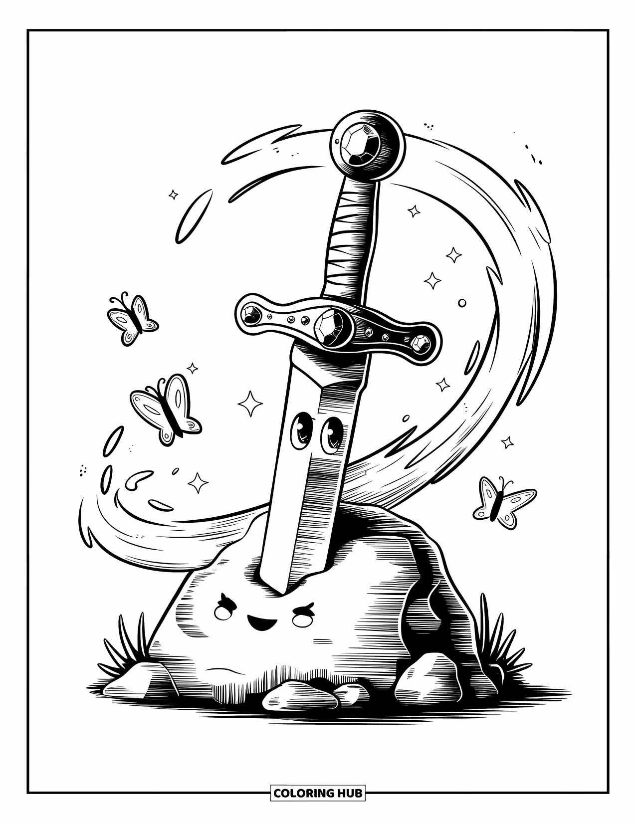 Disegno di spada da colorare per adulti: una spada incantata amichevole che indossa una piccola corona, appoggiata in una roccia con scintille e nebbia