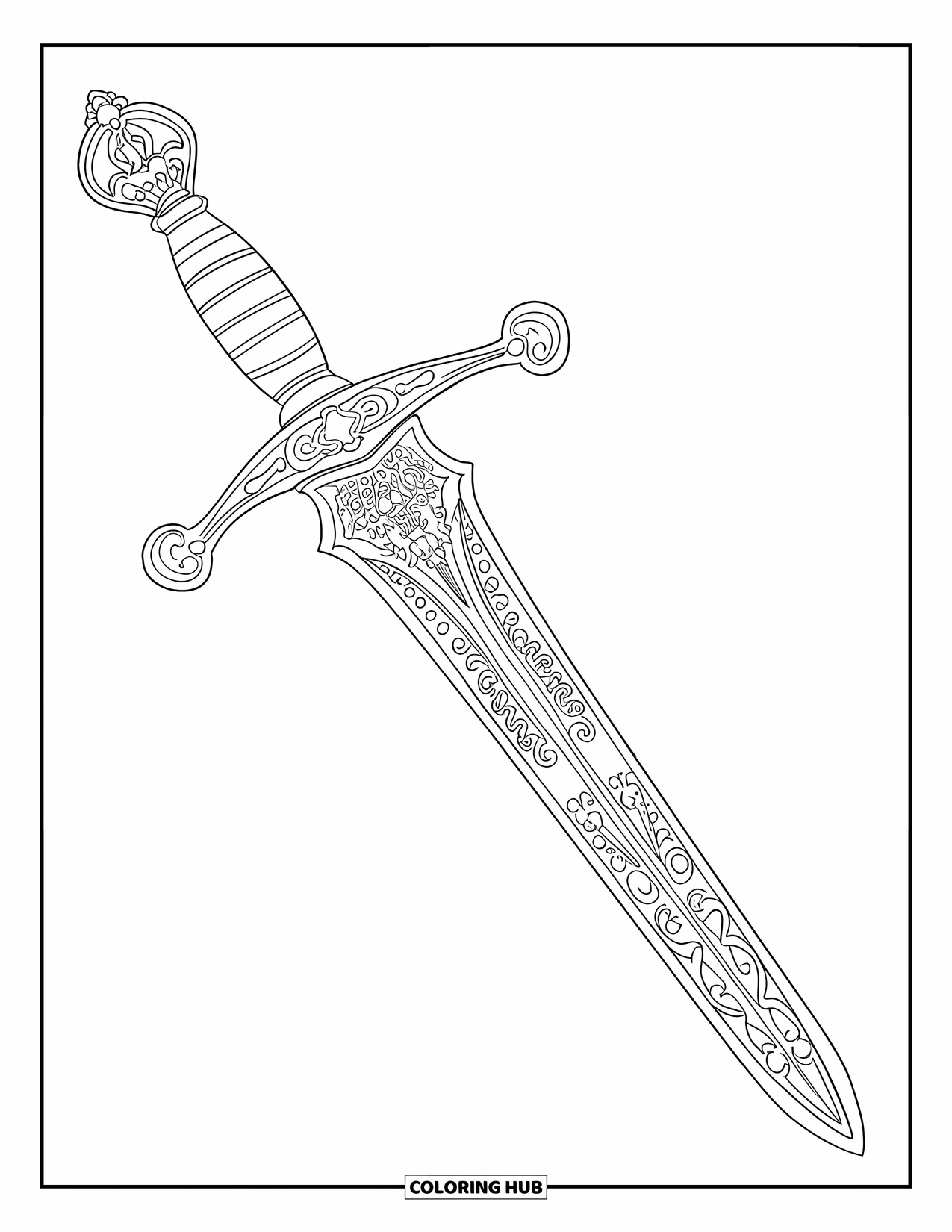 Disegno di spada da colorare per adulti: una spada lunga medievale altamente dettagliata con incisioni artistiche, progettata per un'esperienza di colorazione rilassante