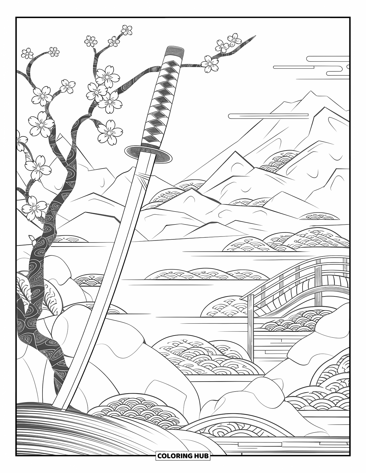 Disegno di spada da colorare per adulti: Una katana appoggiata a un ciliegio, ambientata in un paesaggio tranquillo con un ponte e un lago