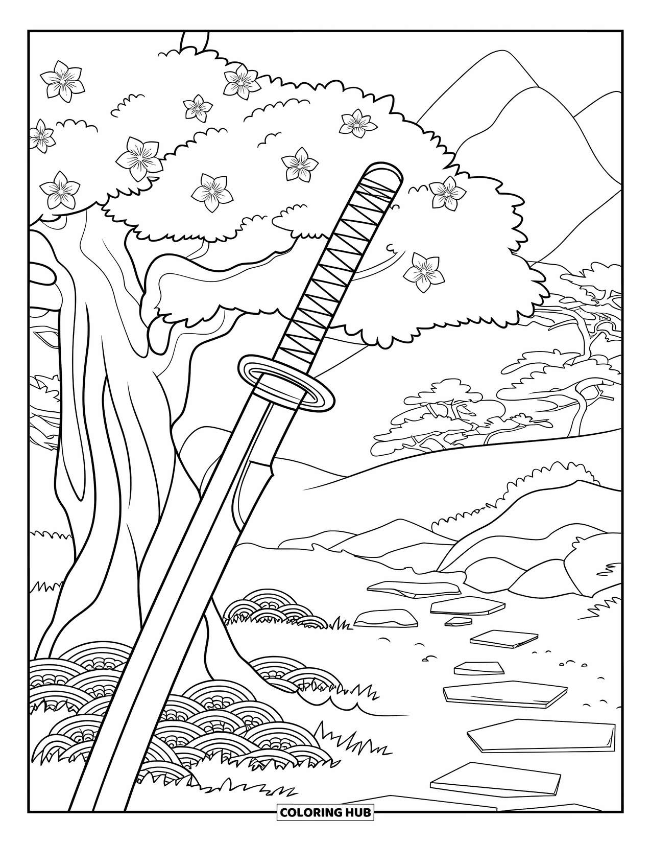 Disegno di spada da colorare per adulti: Una katana appoggiata a un ciliegio in piena fioritura, circondata da un giardino pacifico
