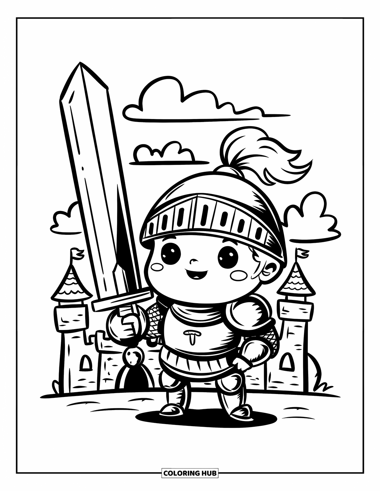 Disegno di spada da colorare per adulti: un neonato cavaliere kawaii in un'armatura grande, che tiene una spada gigante, con un piccolo castello sullo sfondo