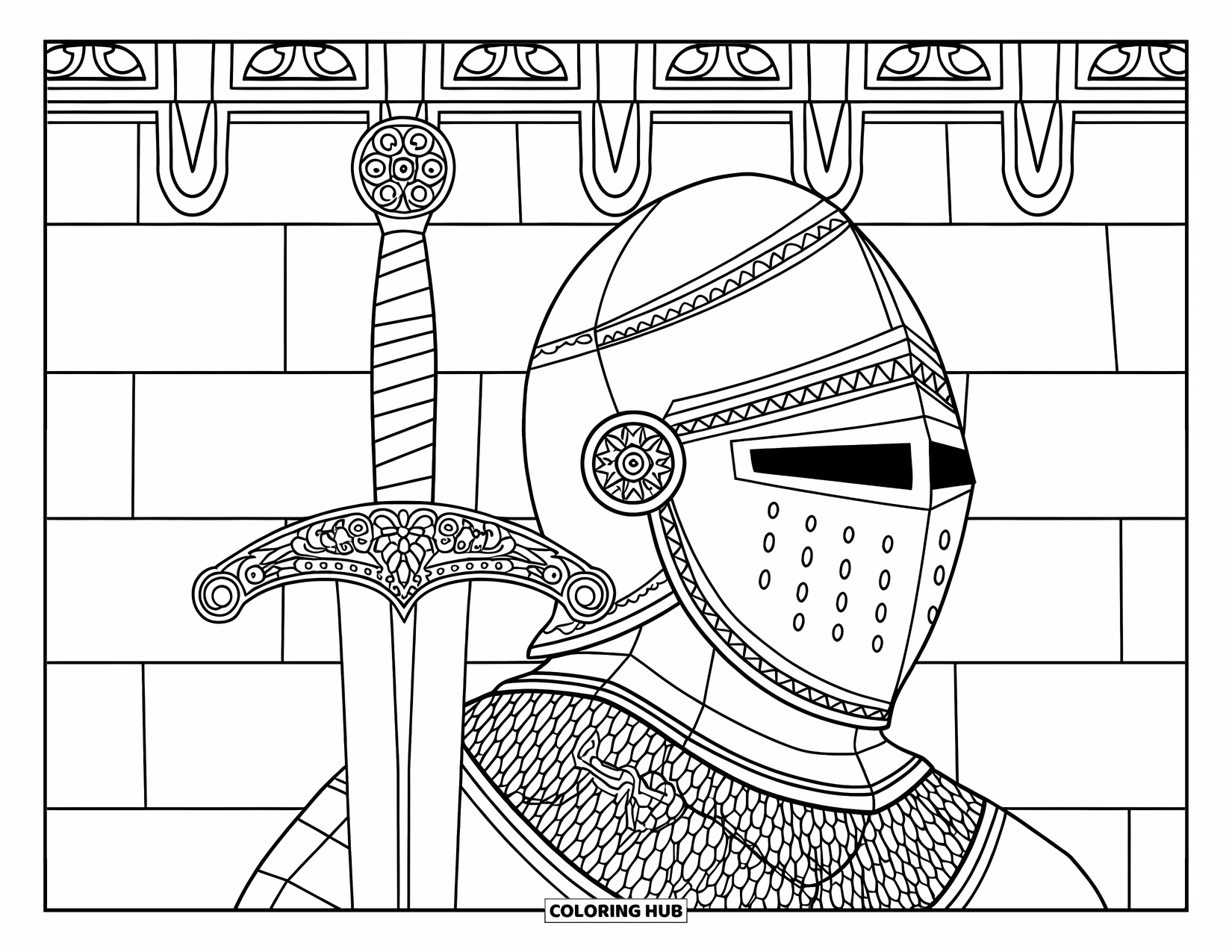 Disegno di spada da colorare per adulti: l'elmetto di un cavaliere con una spada dettagliata appoggiata contro di esso, con un muro del castello sullo sfondo