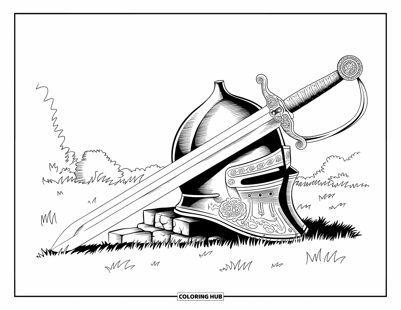 Disegno di spada da colorare per adulti: l'elmetto di un cavaliere con una spada ornata appoggiata contro di esso, ambientato in un campo erboso con alberi
