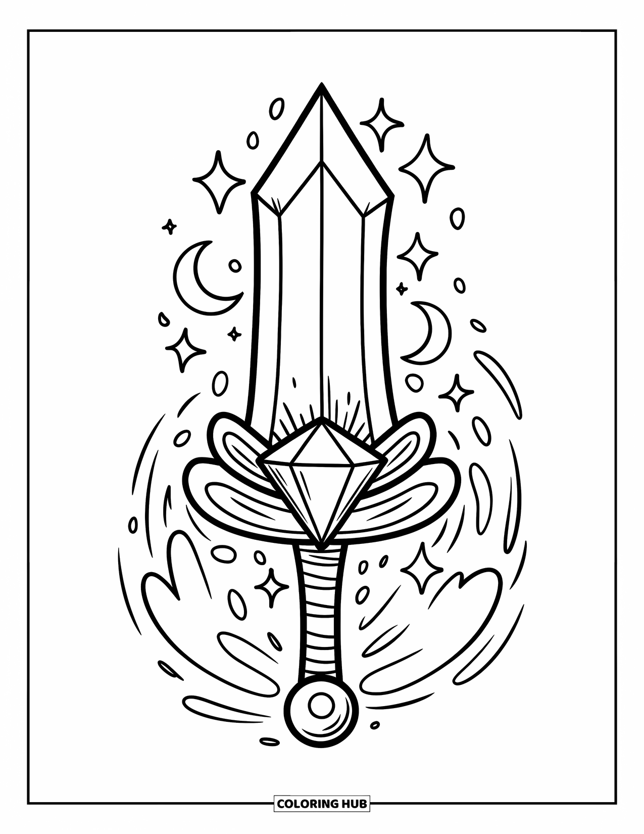 Disegno di spada da colorare per adulti: una spada magica con una gemma luminosa, lune crescenti e scintille fluttuanti attorno alla lama