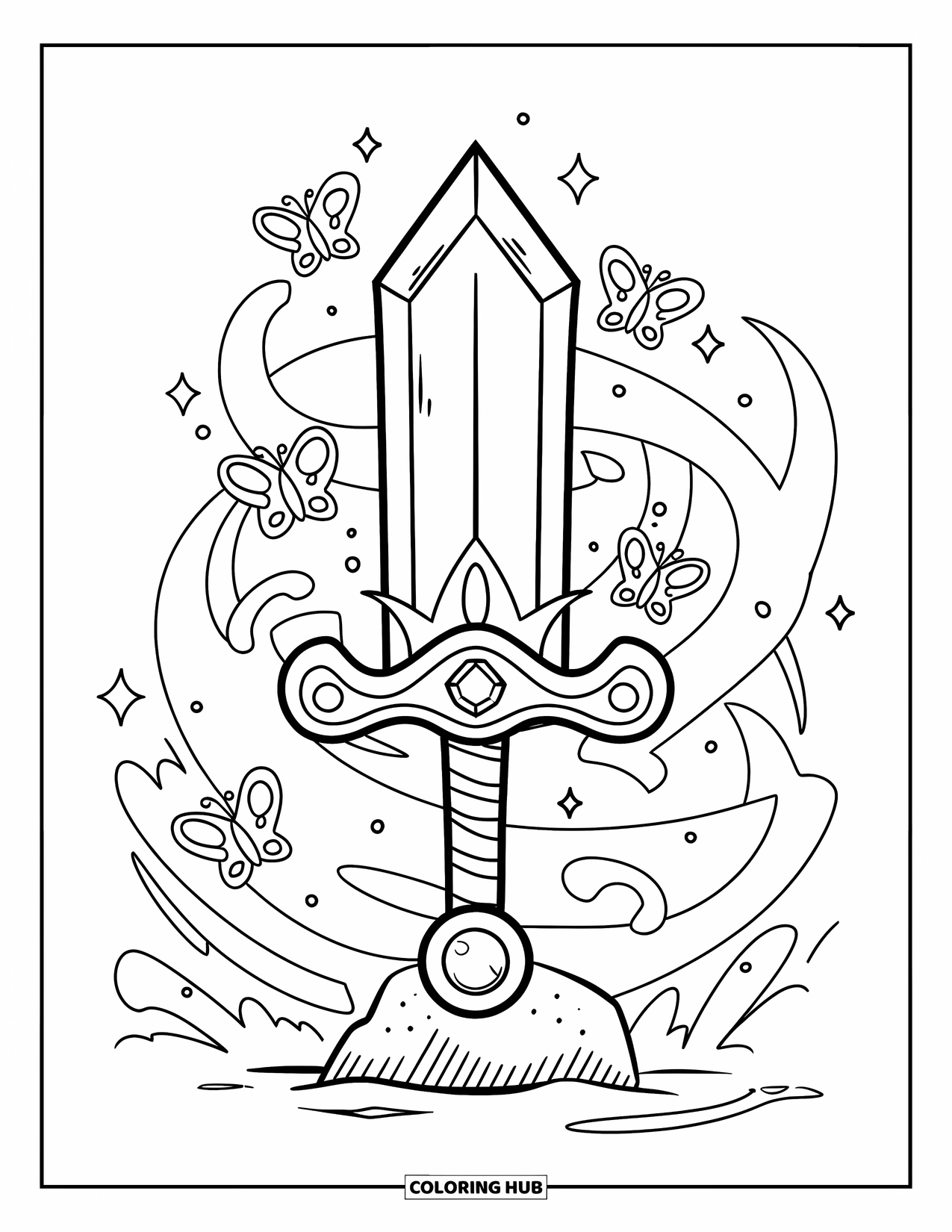 Disegno di spada da colorare per adulti: una spada magica con una faccia felice e una corona, circondata da farfalle fluttuanti e nebbia