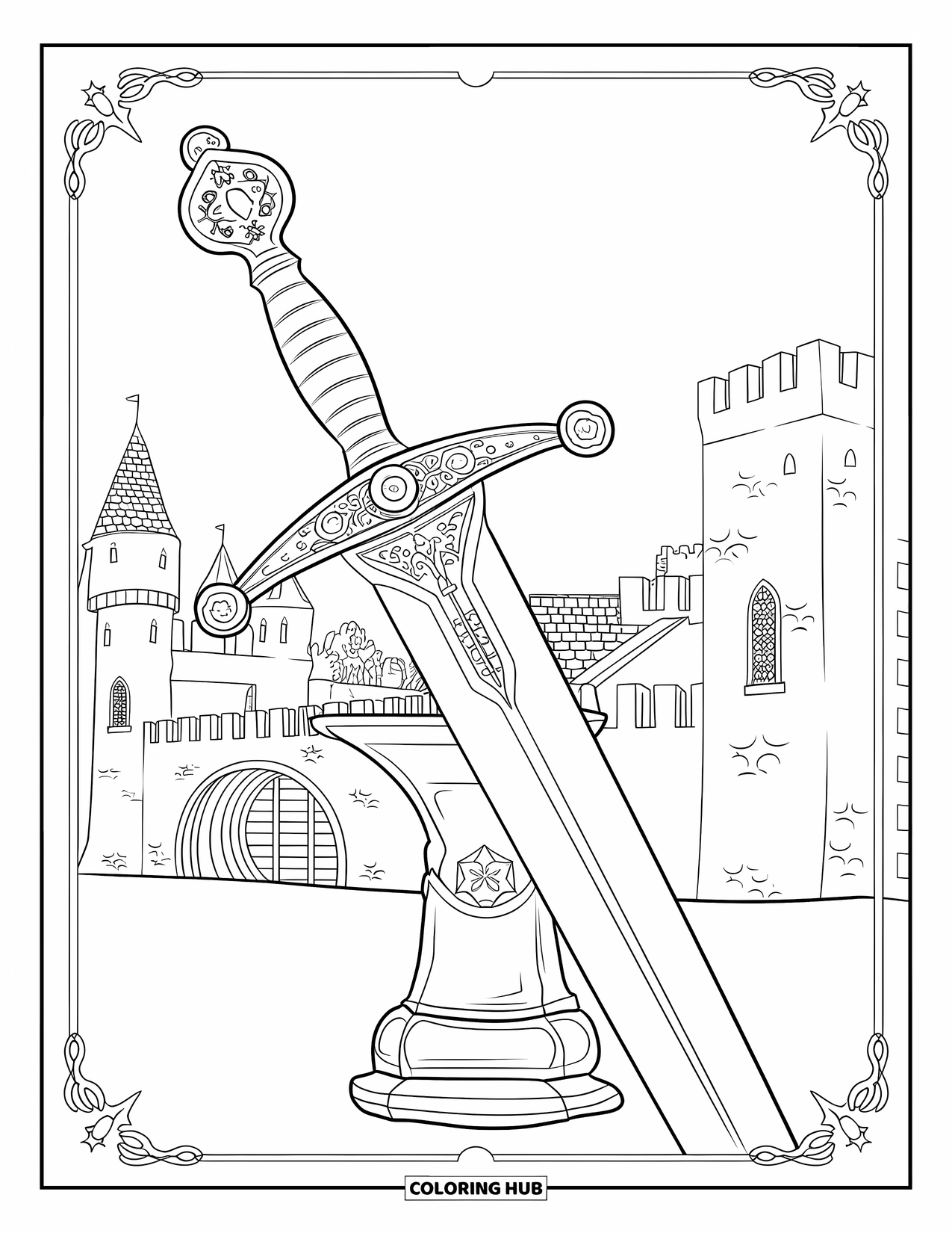 Disegno di spada da colorare per adulti: una spada lunga medievale appoggiata su un piedistallo di pietra, con un grande castello sullo sfondo