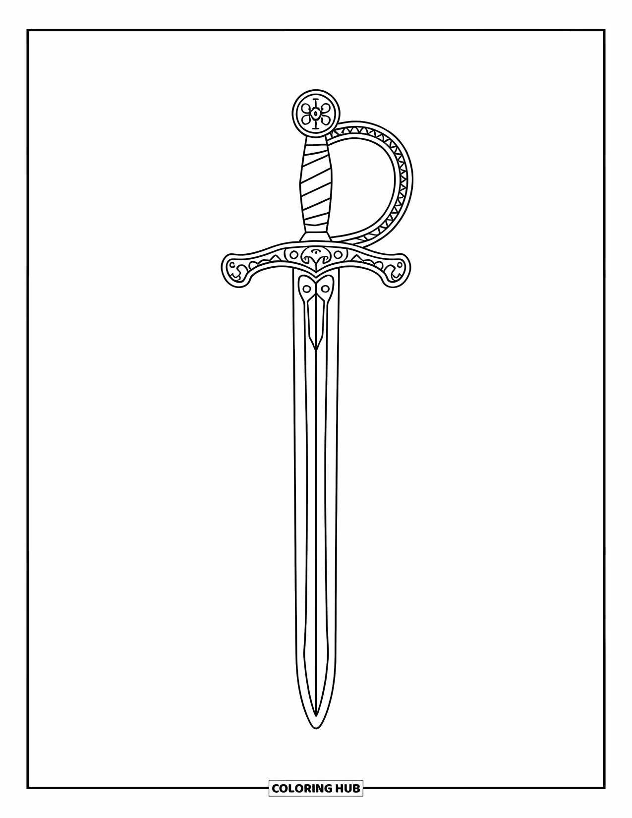 Disegno di spada da colorare per adulti: Una spada lunga medievale con un manico ornato e incisioni, posta su uno sfondo semplice