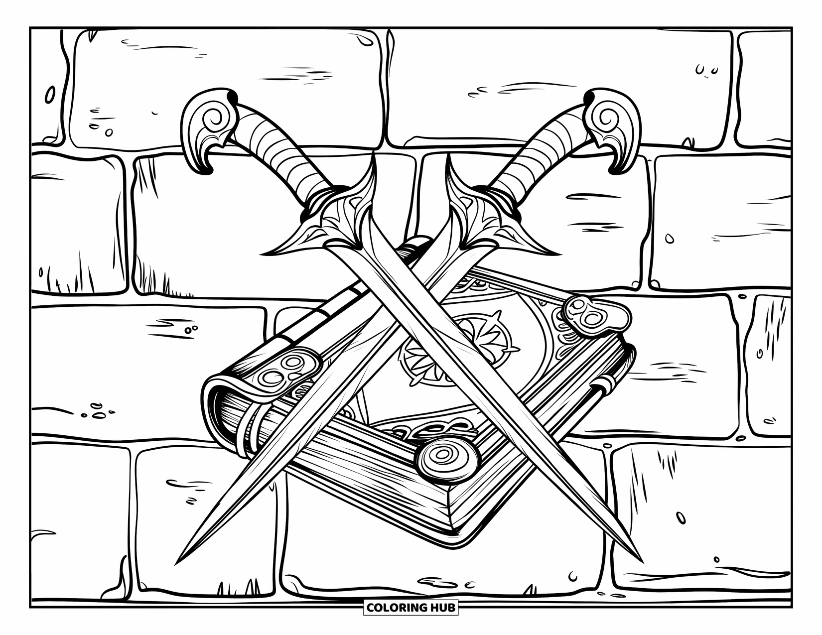 Disegno di spada da colorare per adulti: una mistica arma a doppia lama appoggiata su un libro di incantesimi contro un muro di pietra текстурированный