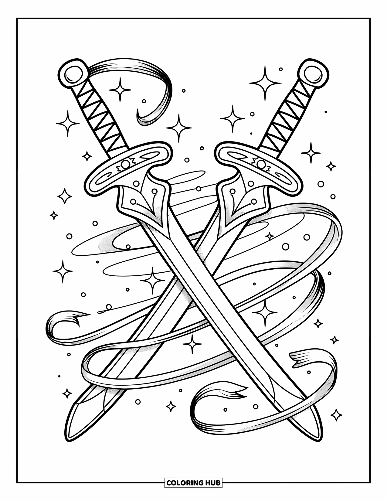 Disegno di spada da colorare per adulti: un paio di piccole spade incantate decorate con nastri, fluttuanti con un'aura magica