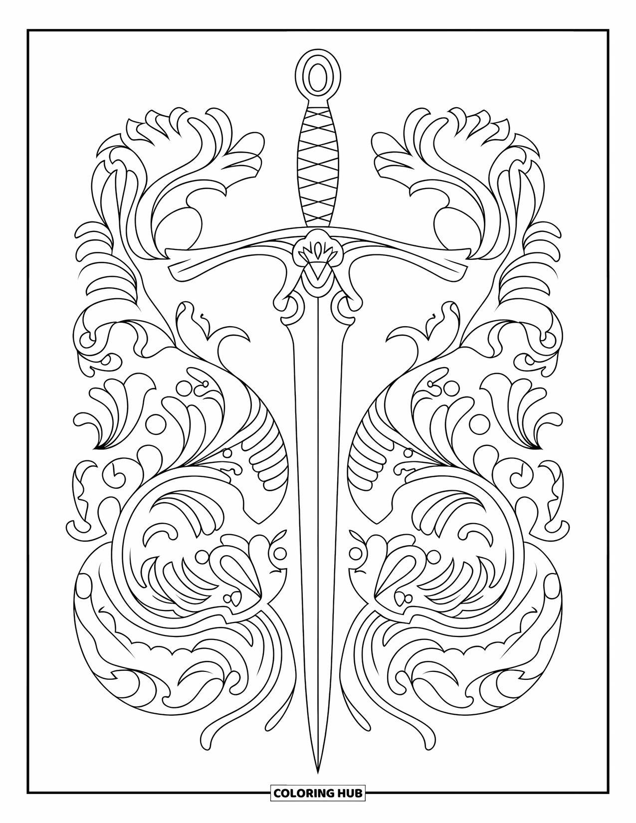 Disegno di spada da colorare per adulti: Un fioretto con dettagliati motivi floreali e di viti, per un'esperienza di colorazione rilassante e intricata