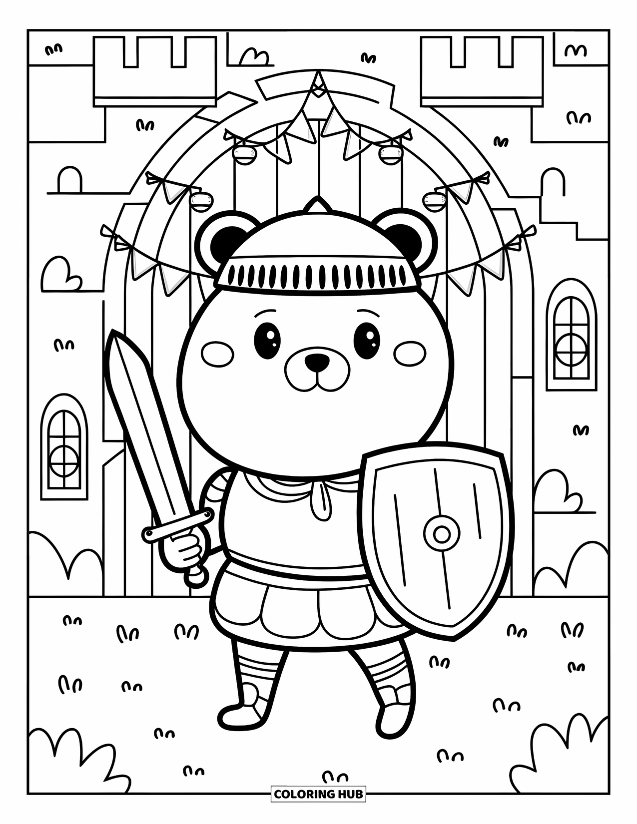 Disegno di spada da colorare per adulti: un cucciolo d'orso cavaliere rotondo che tiene una spada e uno scudo, in piedi davanti a un castello con torrette