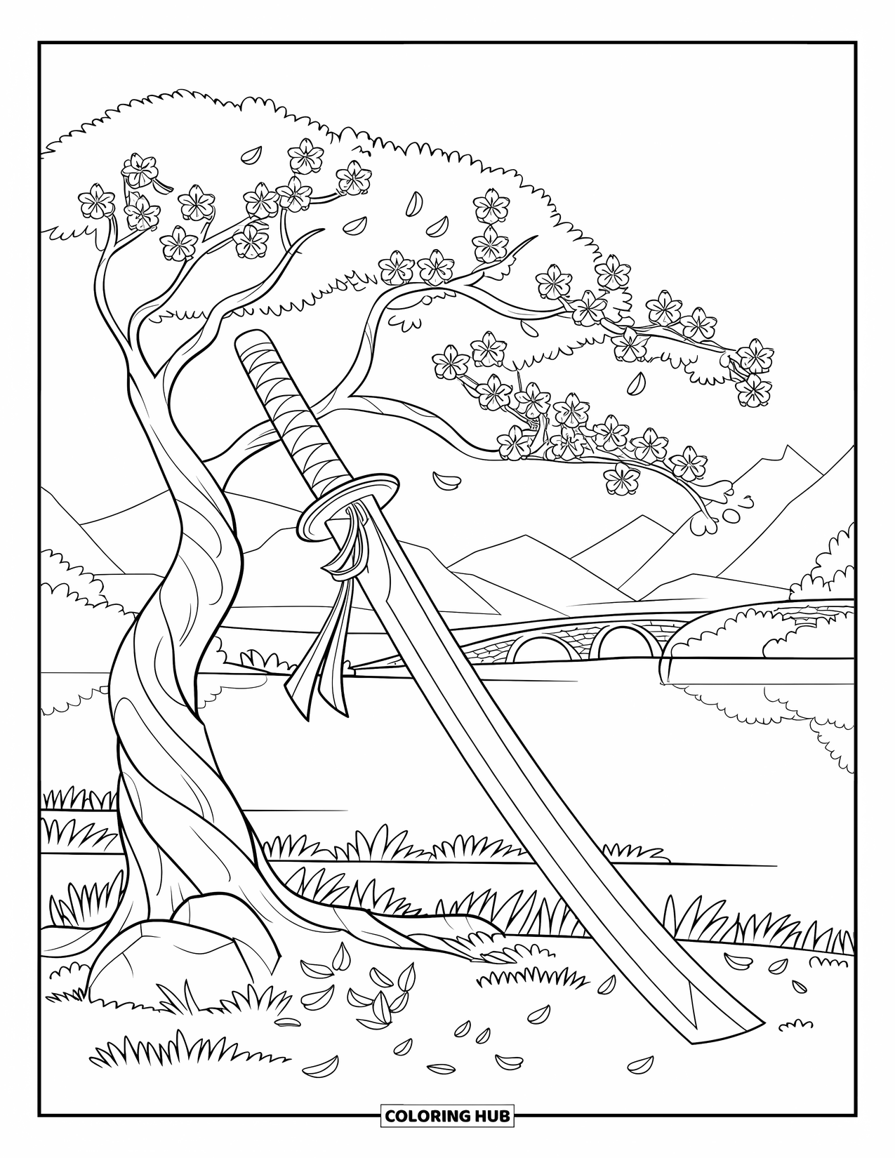 Disegno di spada da colorare per adulti: Una spada da samurai contro un ciliegio in fiore, con montagne e un lago calmo sullo sfondo