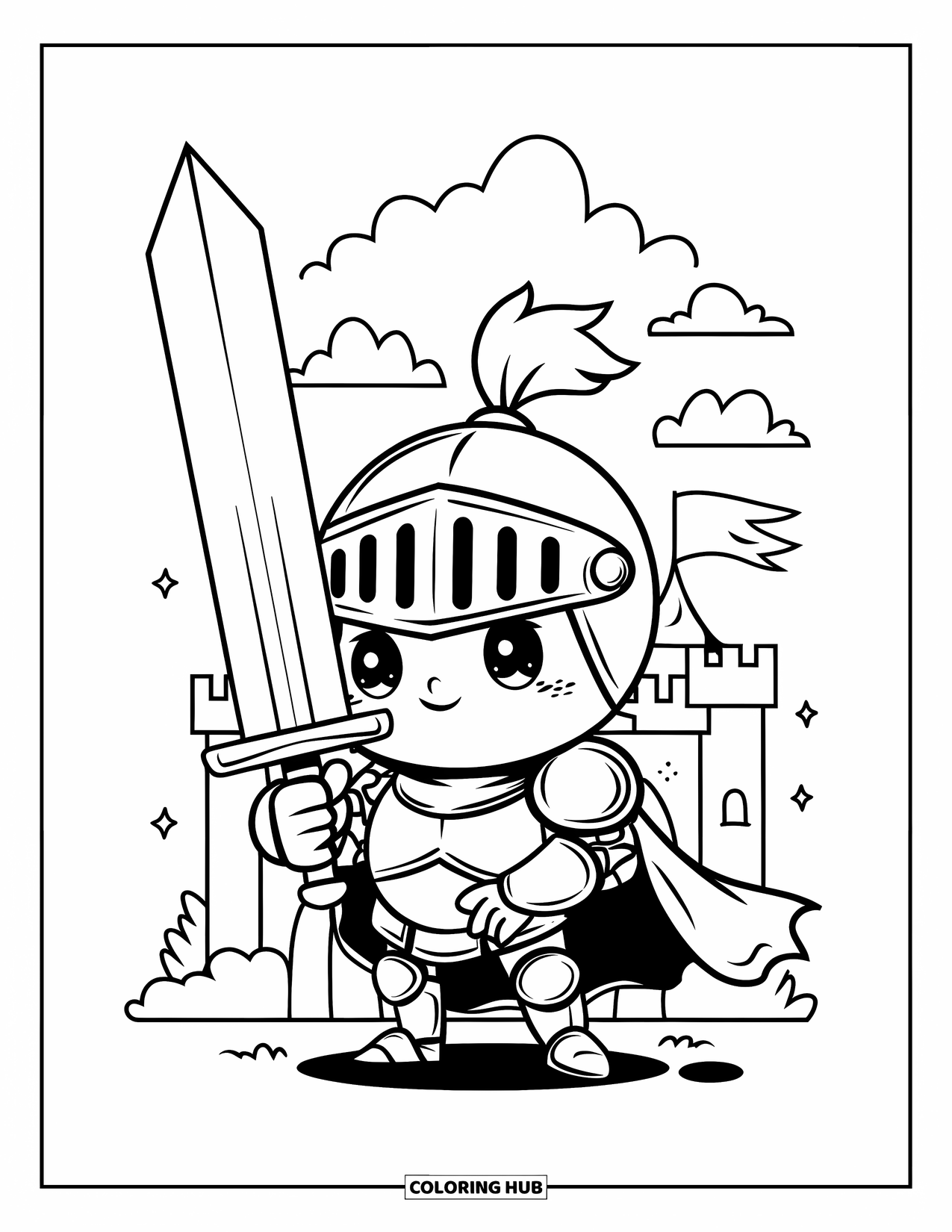 Disegno di spada da colorare per adulti: un piccolo neonato cavaliere con una spada enorme, in piedi con orgoglio con nuvole soffici sopra un castello