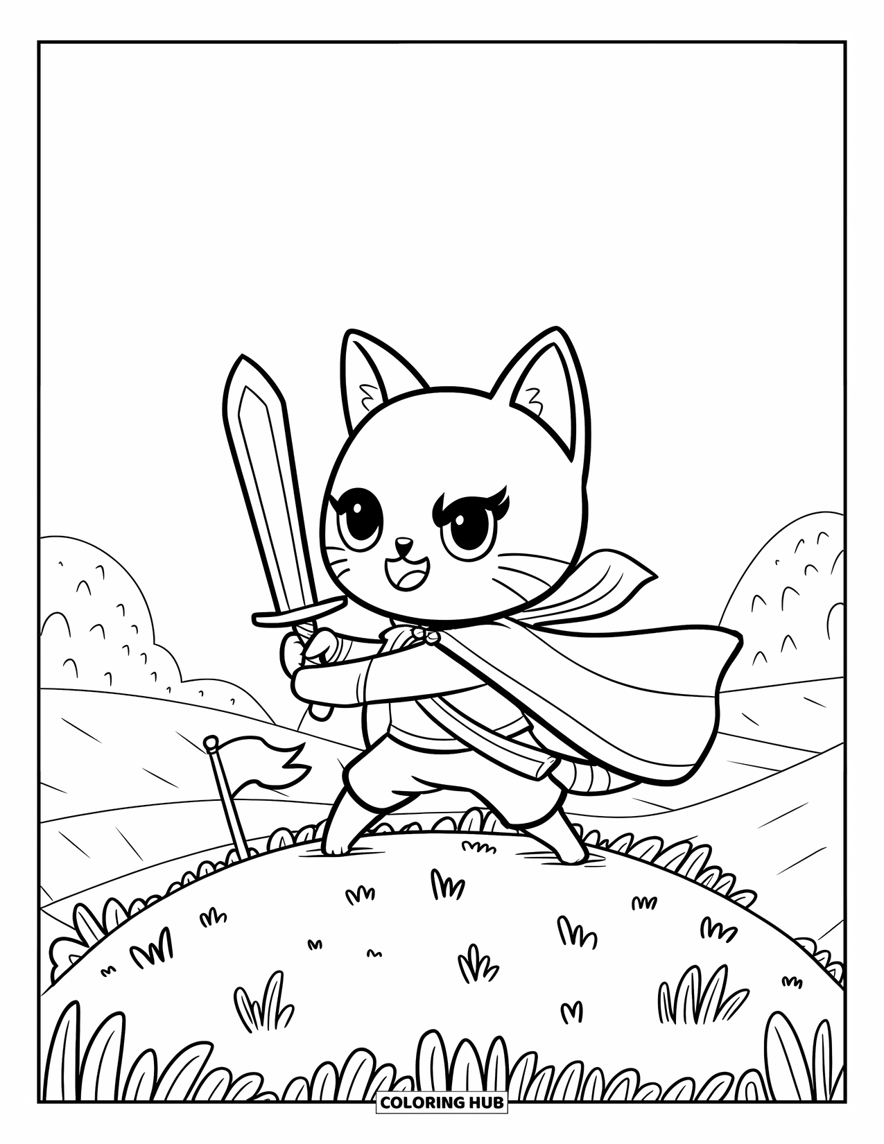 Disegno di spada da colorare per adulti: un minuscolo gatto guerriero con una spada e un mantello, in piedi su una collina erbosa sotto un cielo sereno
