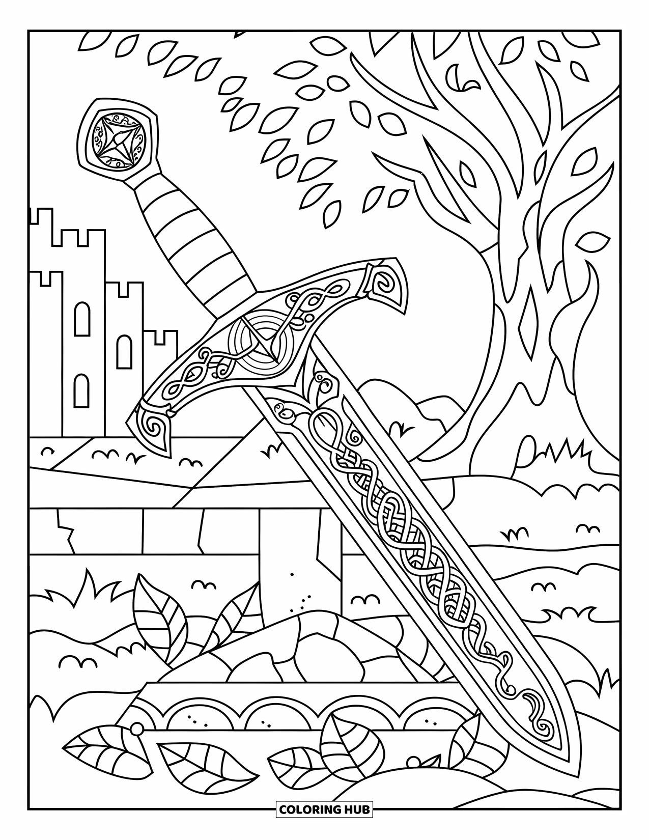 Disegno di spada da colorare per adulti: una spada vichinga appoggiata su una base di pietra, con un castello e un albero sullo sfondo