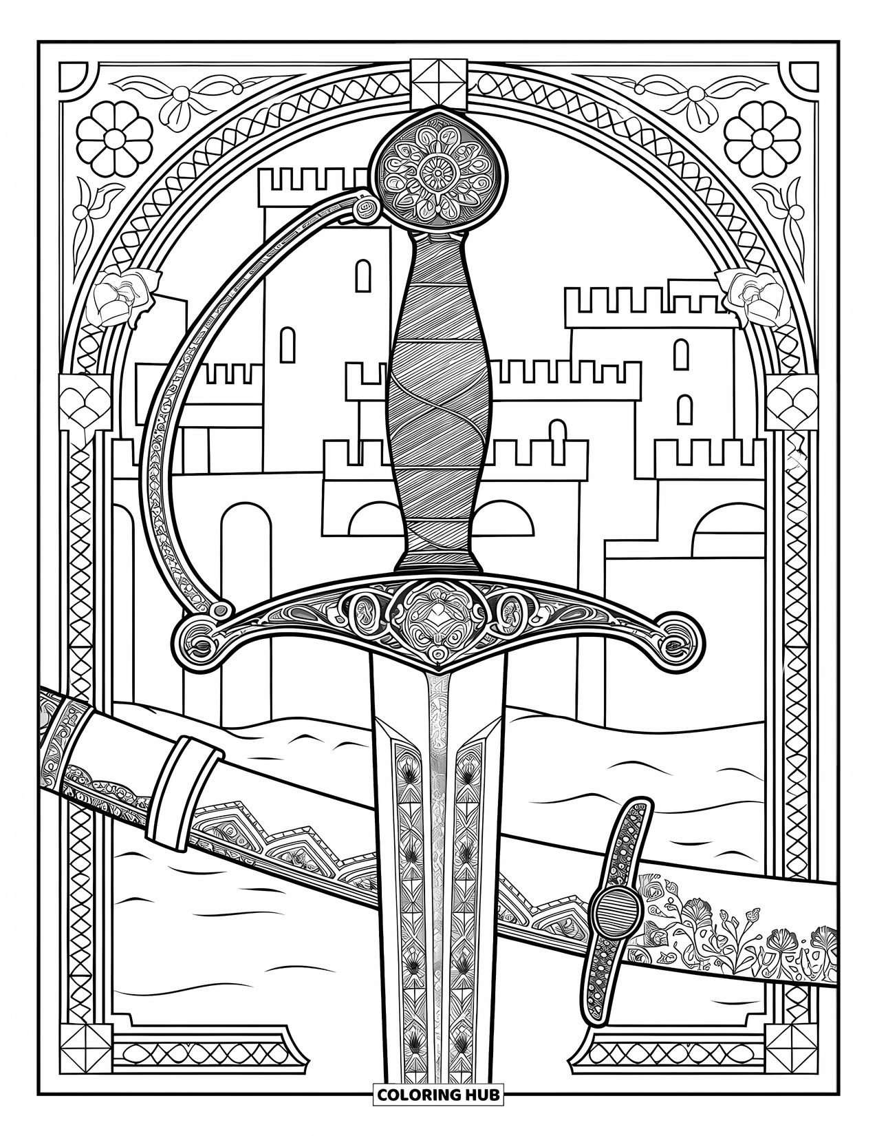 Disegno di spada da colorare per adulti: un'intricata spada lunga medievale in un fodero, ambientata contro un castello con torri e archi