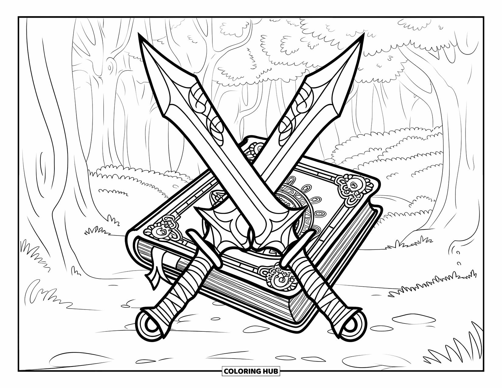 Disegno di spada da colorare per adulti: un'intricata arma a doppia lama posta sopra un libro di incantesimi rilegato in pelle in una foresta incantata