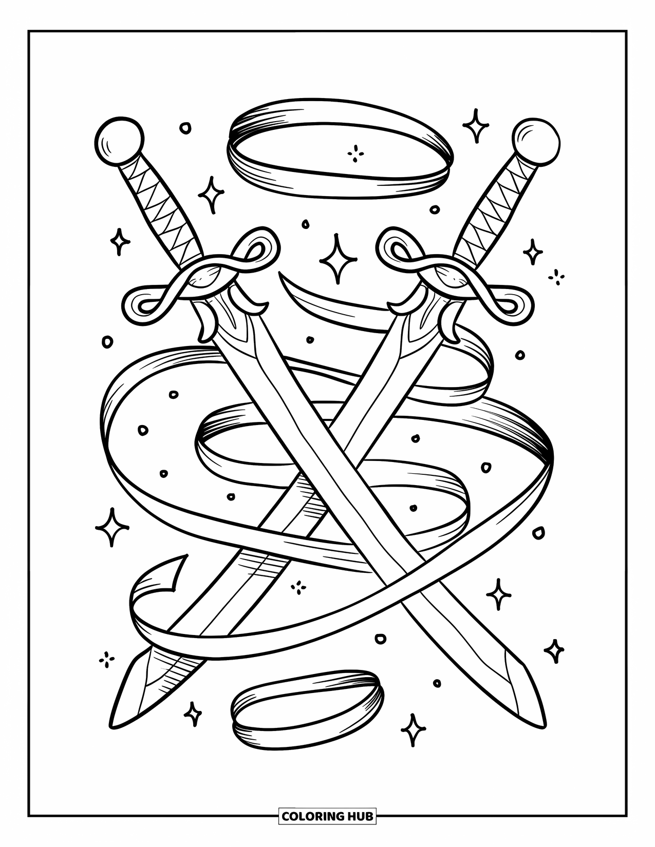 Disegno di spada da colorare per adulti: spade chibi magiche legate con piccoli nastri, circondate da scintille vorticose e nastri fluttuanti
