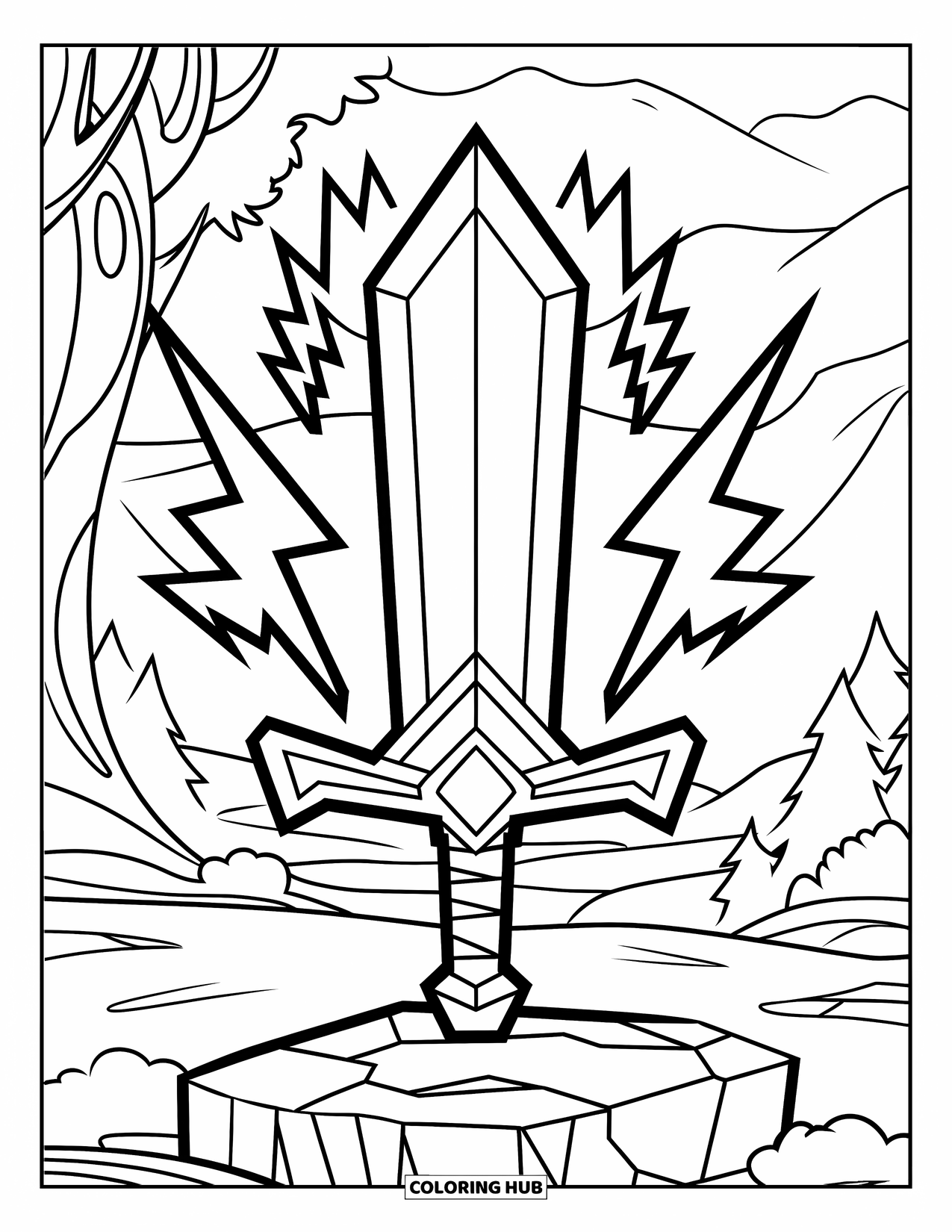 Disegno di spada da colorare per bambini: una spada da battaglia conficcata in una pietra, con fulmini e uno sfondo panoramico boschivo