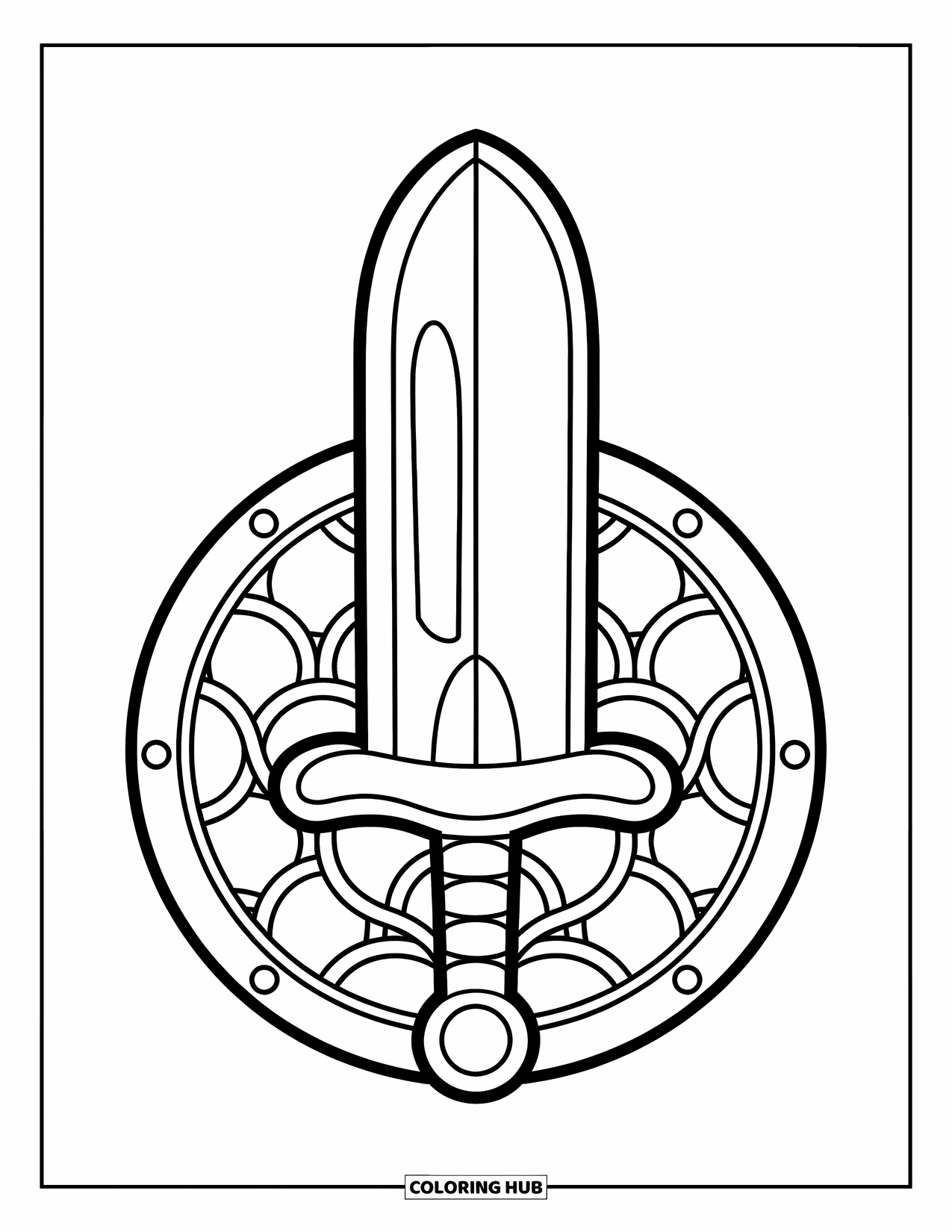 Disegno di spada da colorare per bambini: una grande spada amichevole con una lama arrotondata appoggiata a uno scudo con cerchi interbloccati