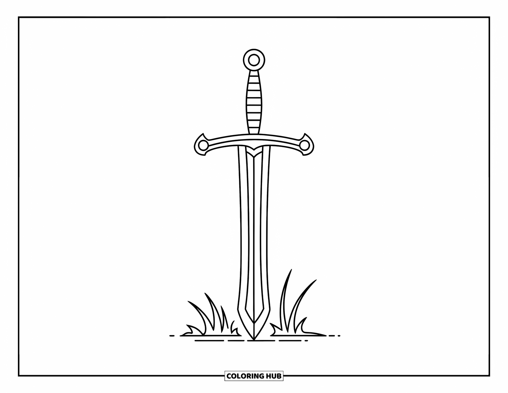 Disegno di spada da colorare per bambini: un'ampia spada da cavaliere con una spessa guardia, ambientata in un'area erbosa con sfondo bianco